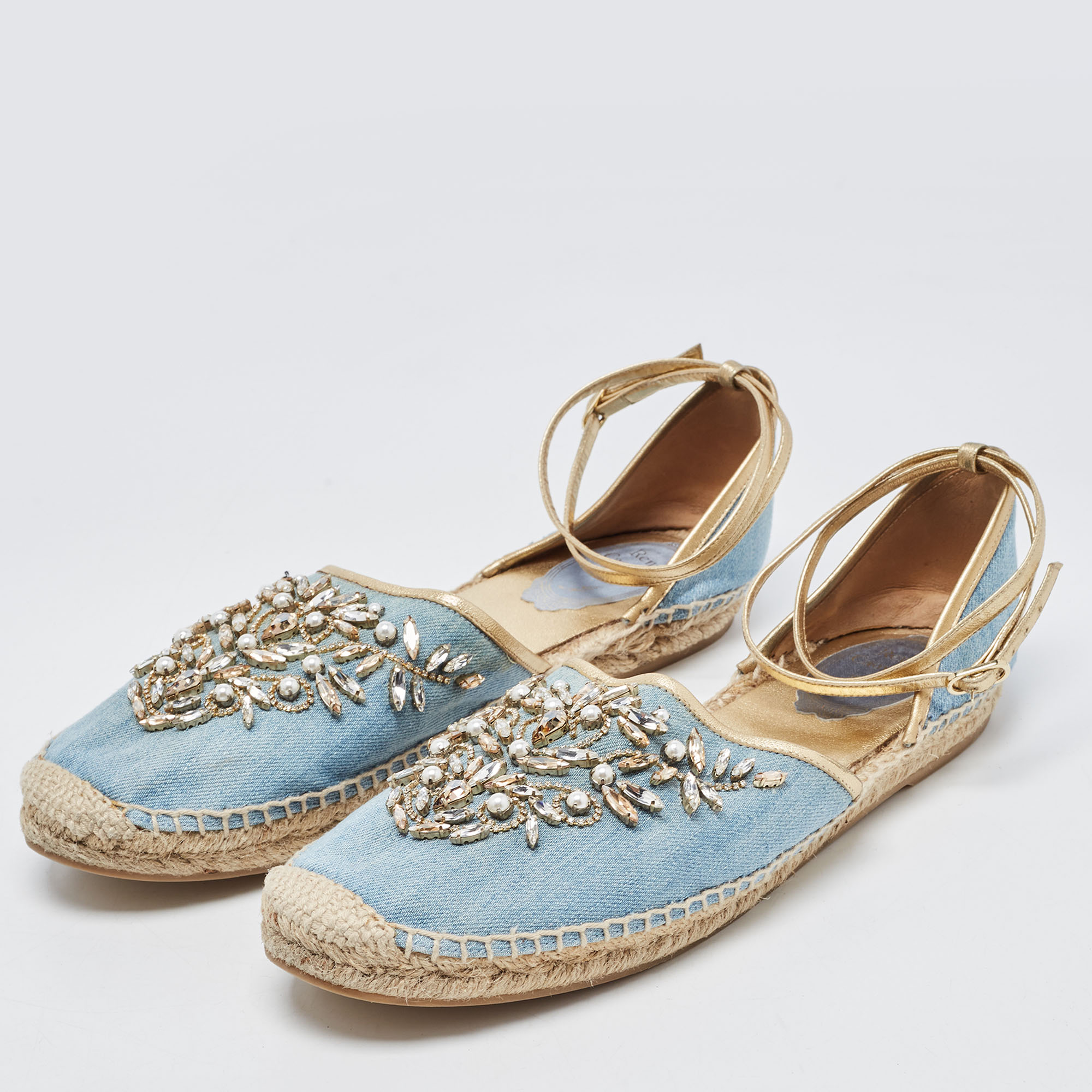 René Caovilla Blue Denim And Leather Trim Crystal Embellished Ankle Wrap Espadrille Flats Size 41