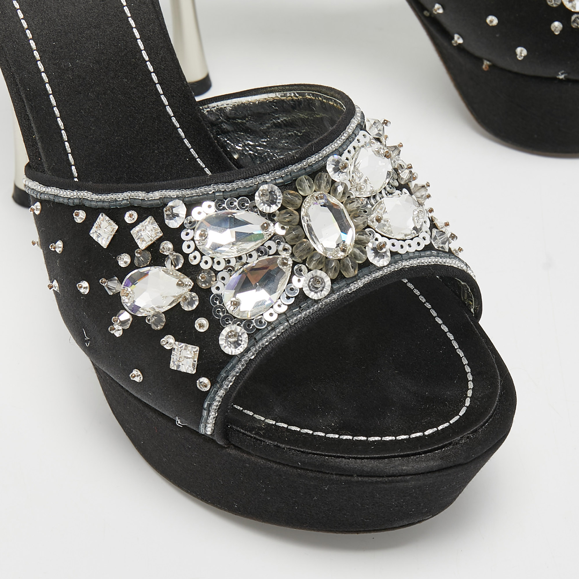 René Caovilla Black Satin Embellished Slide Sandals Size 37.5