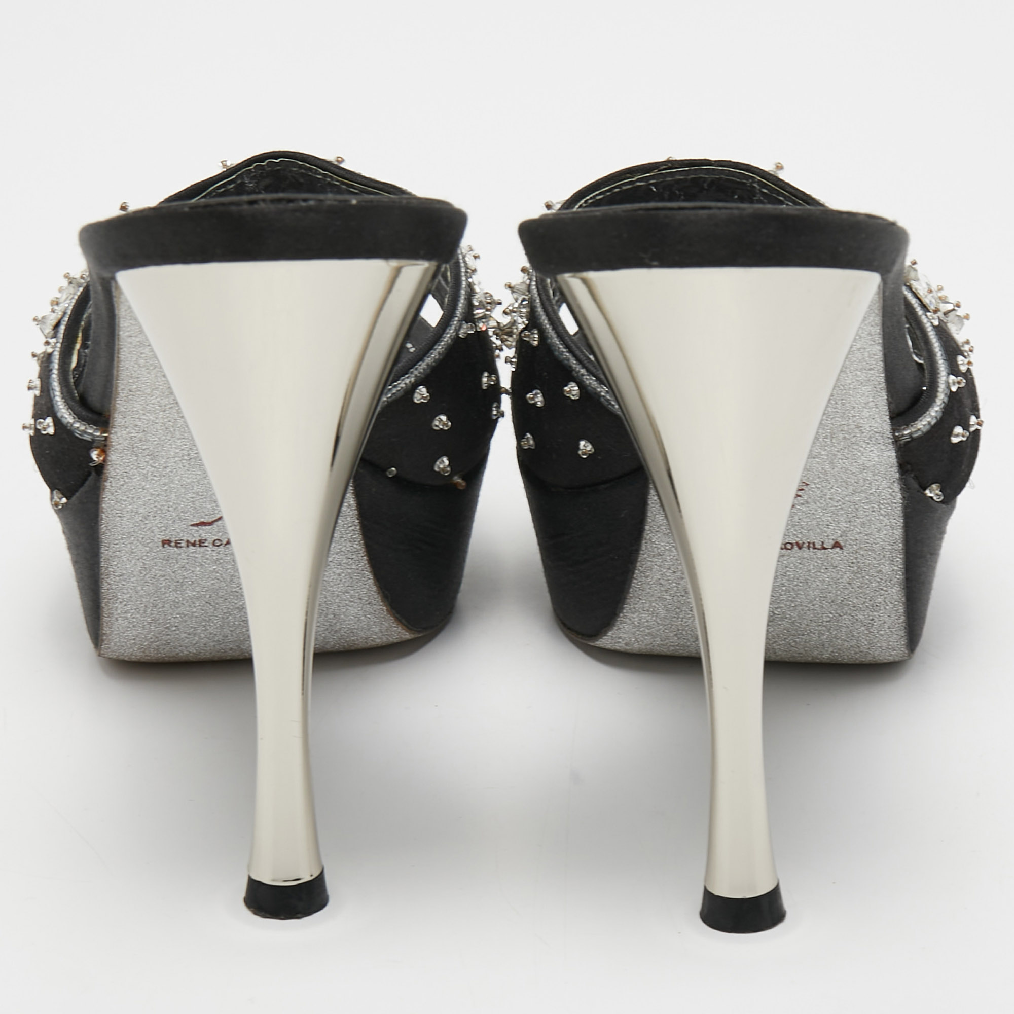 René Caovilla Black Satin Embellished Slide Sandals Size 37.5