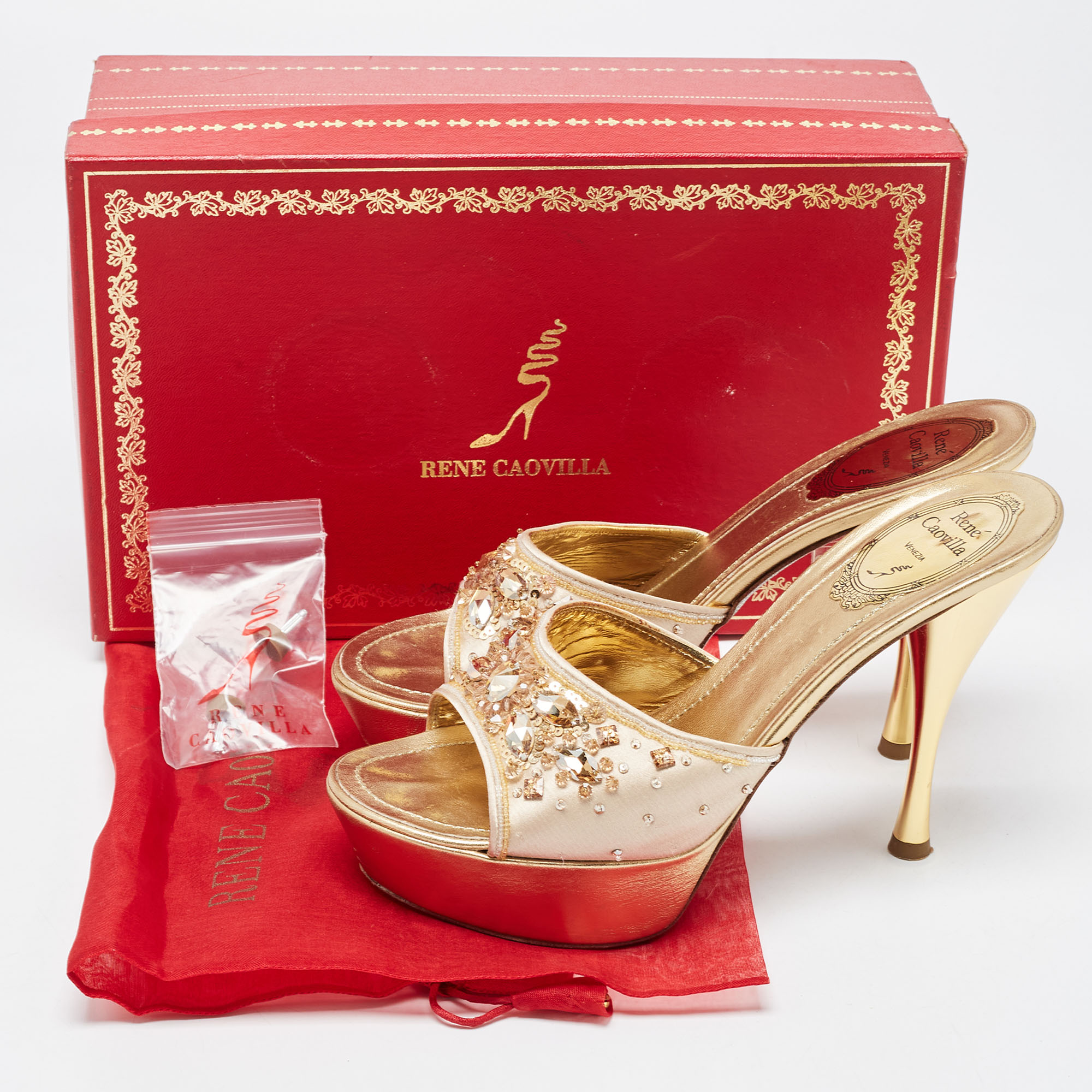 René Caovilla Metallic Gold Leather Embellished Slide Sandals Size 37.5