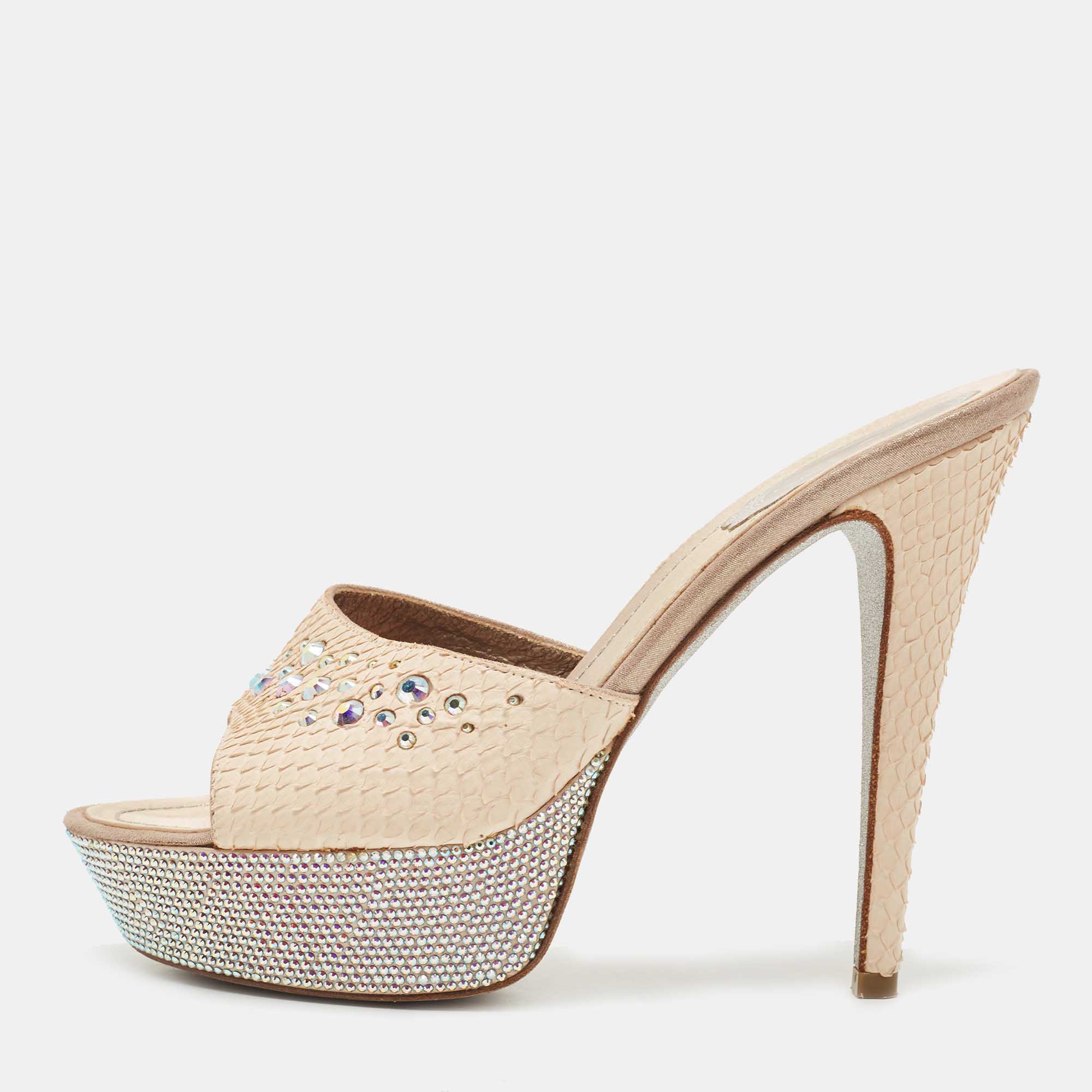 René caovilla ren&eacute; caovilla beige python crystal embellishment slide sandals size 38