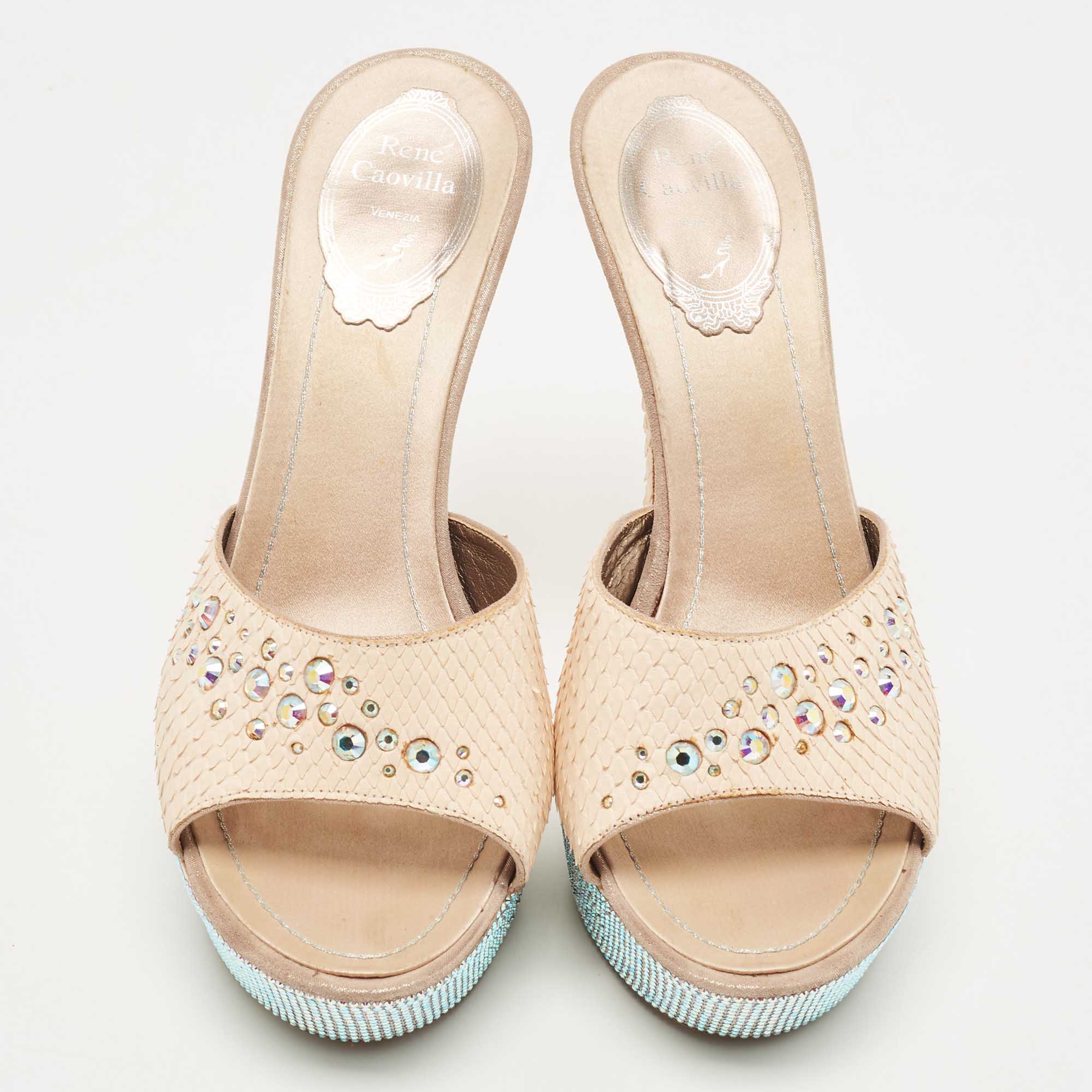 René Caovilla Beige Python Crystal Embellishment Slide Sandals Size 38