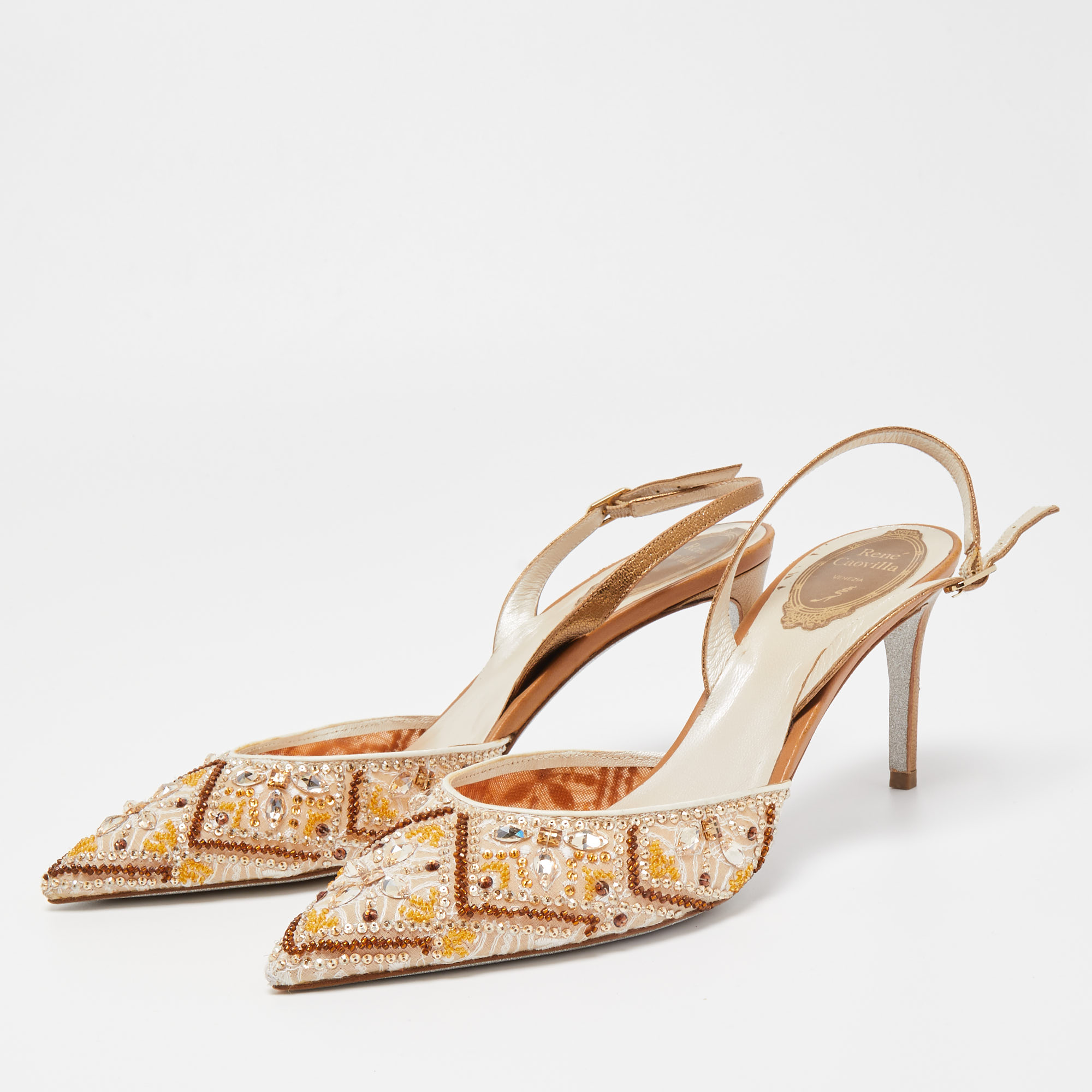 

René Caovilla Beige Fabric And Leather Crystal Embellished Pointed Toe Slingback Sandals Size