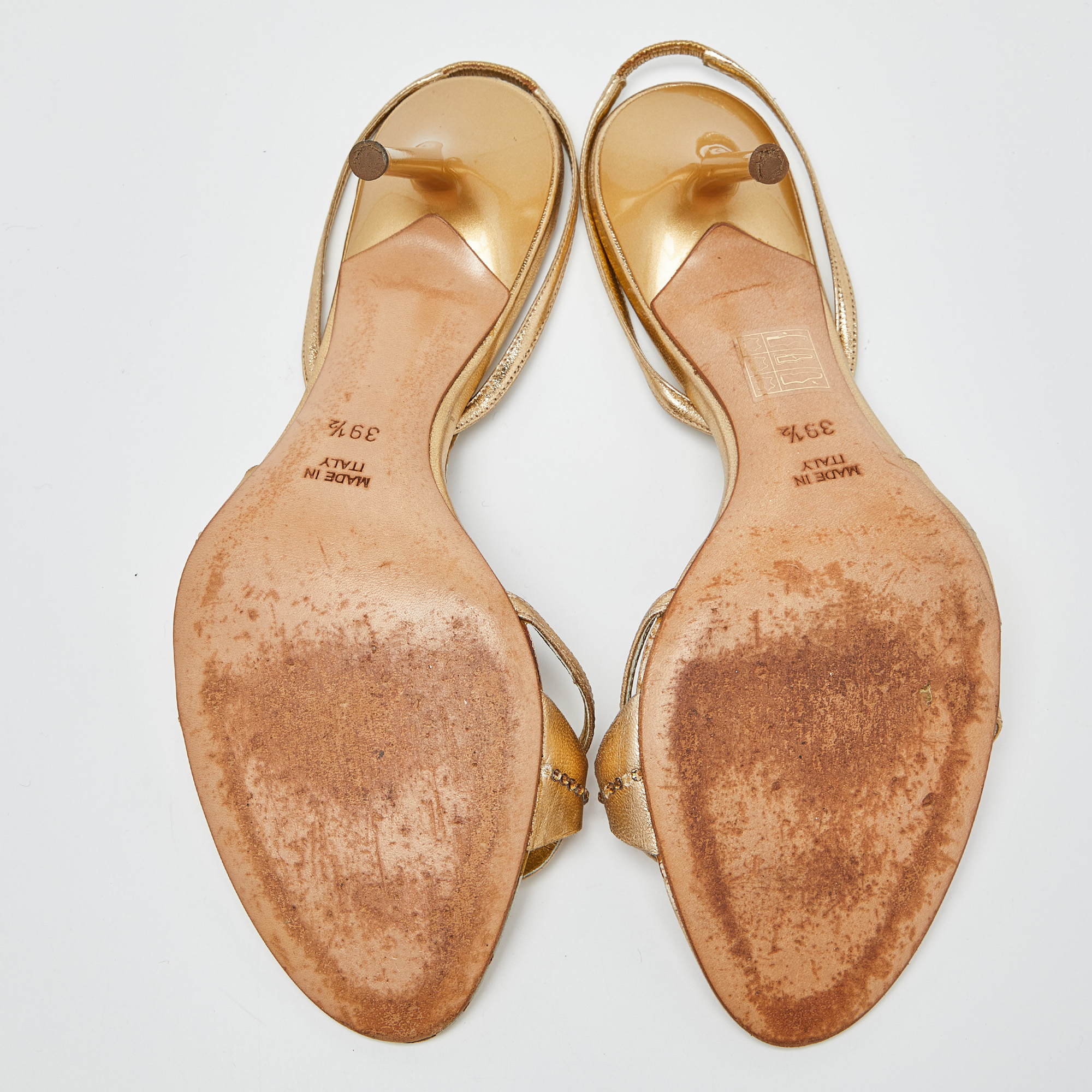 René Caovilla Metallic Gold Leather Crystal Embellished Slingback Sandals Size 39.5