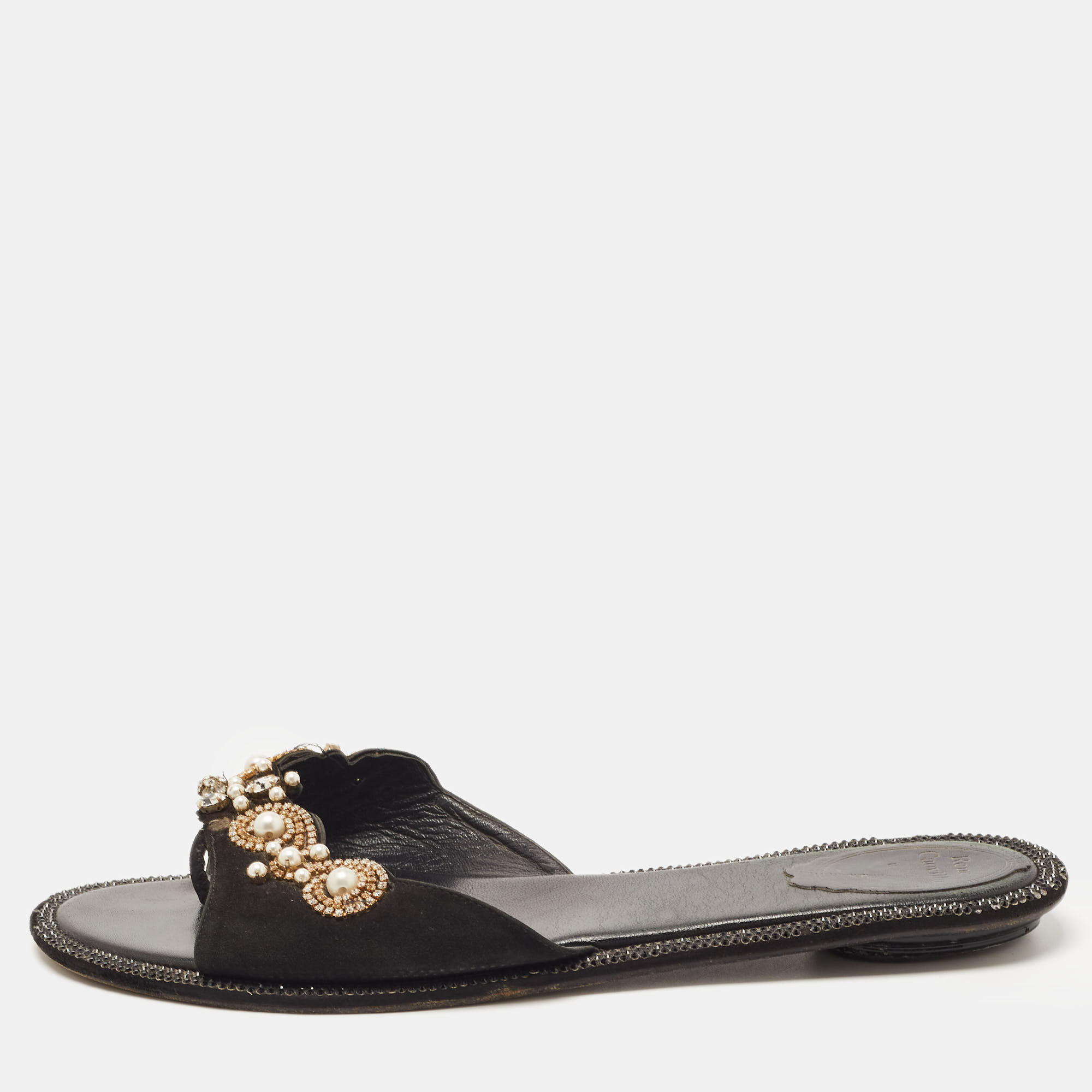 

Rene Caovilla Black Suede Crystal Embellished Flat Slides Size