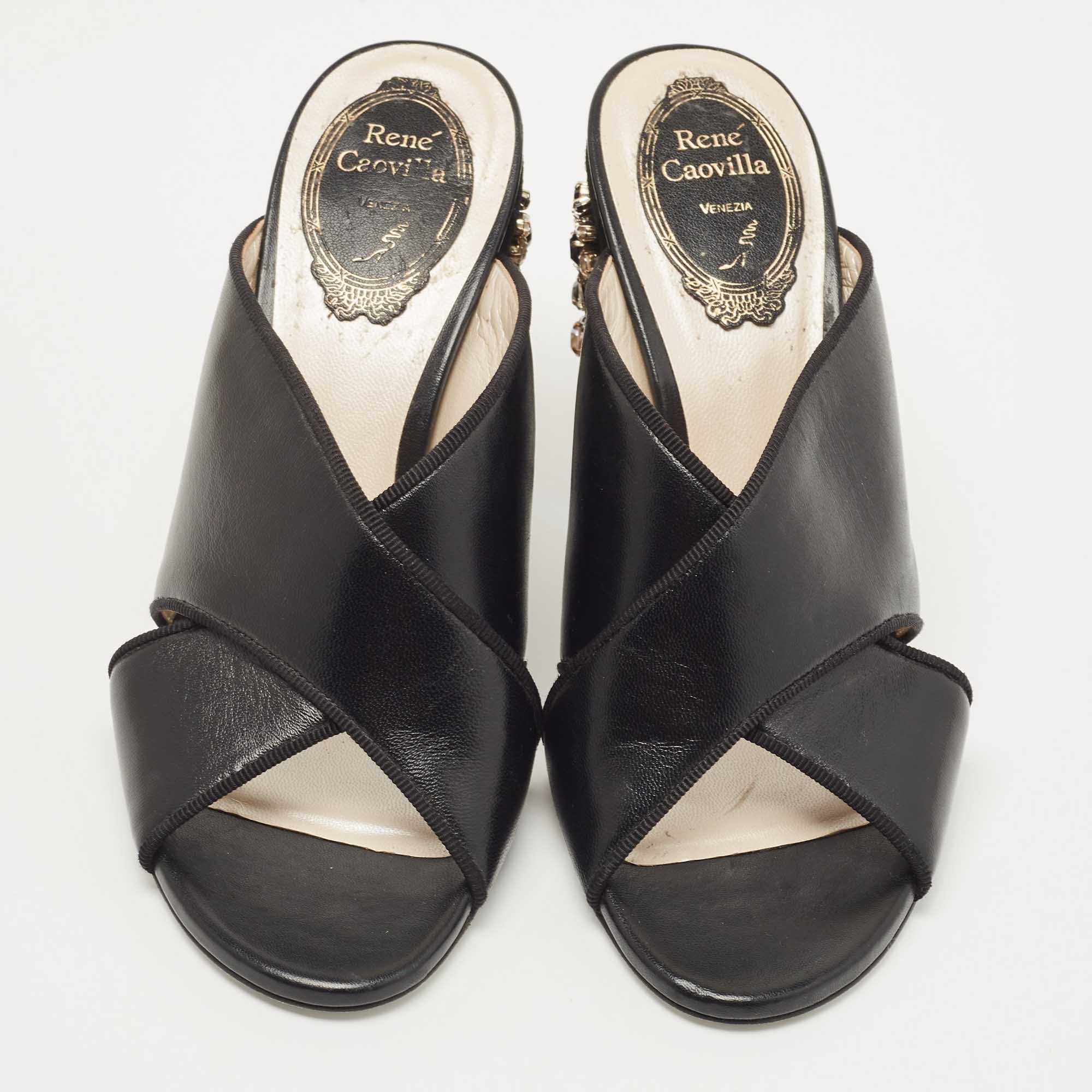 Rene Caovilla Black Leather And Suede Crystal Embellished Block Heel Sandals Size 37