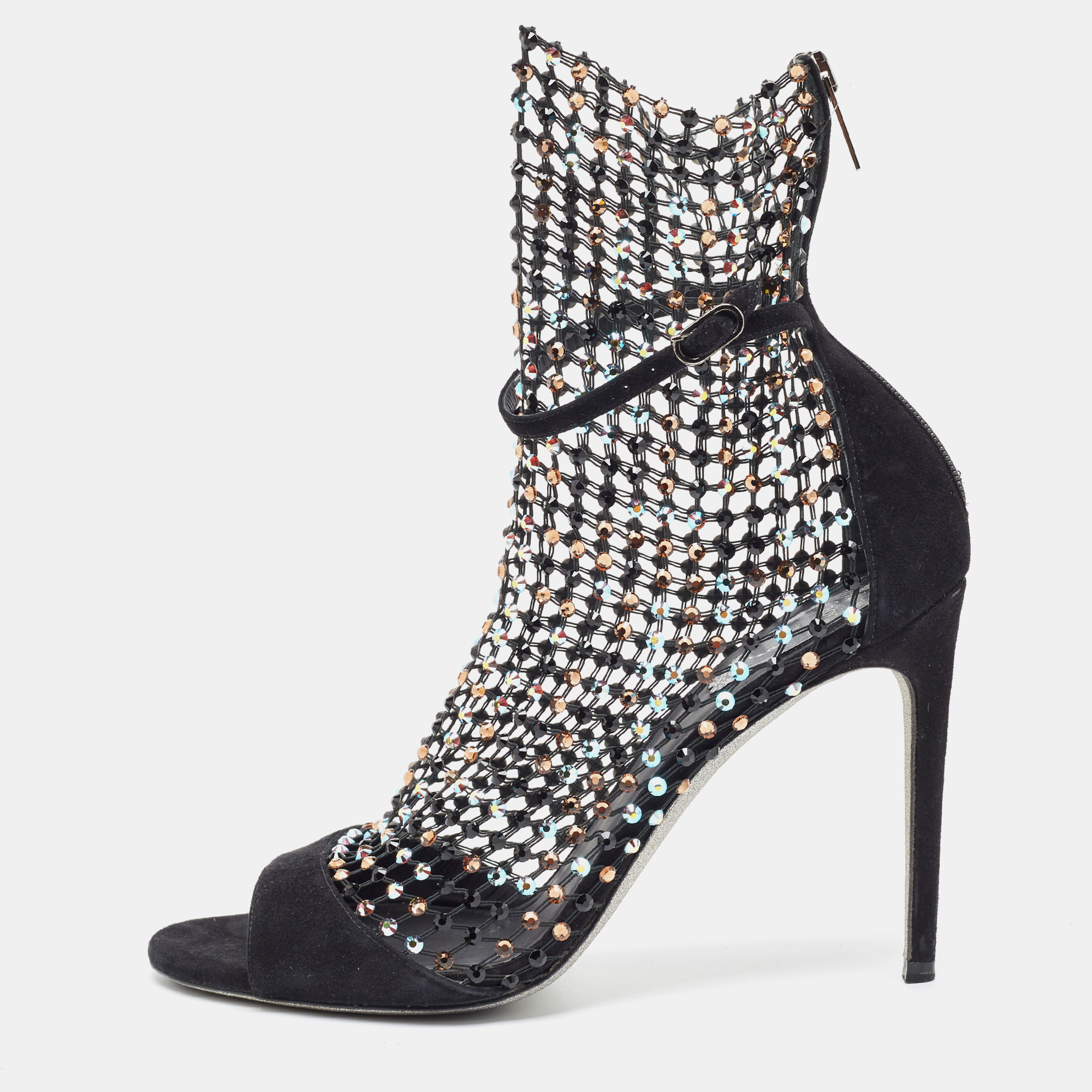 Rene Caovilla Black Suede And Mesh Crystal Embellished Galaxia Open Toe Ankle Strap Sandals Size 39