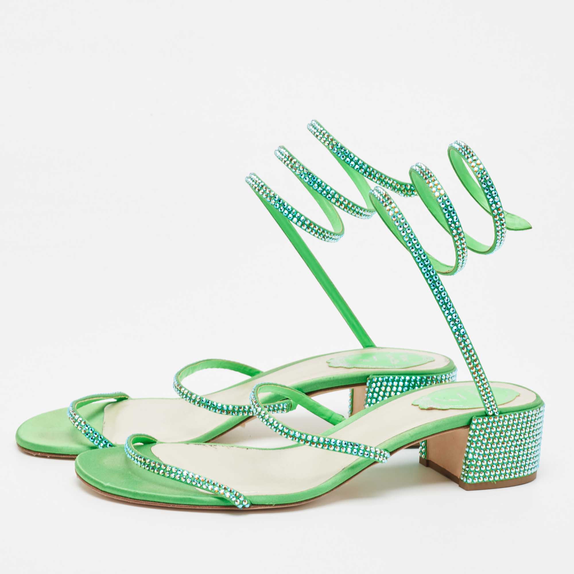 

Rene Caovilla Green Crystal Embellished Satin Cleo Sandals Size