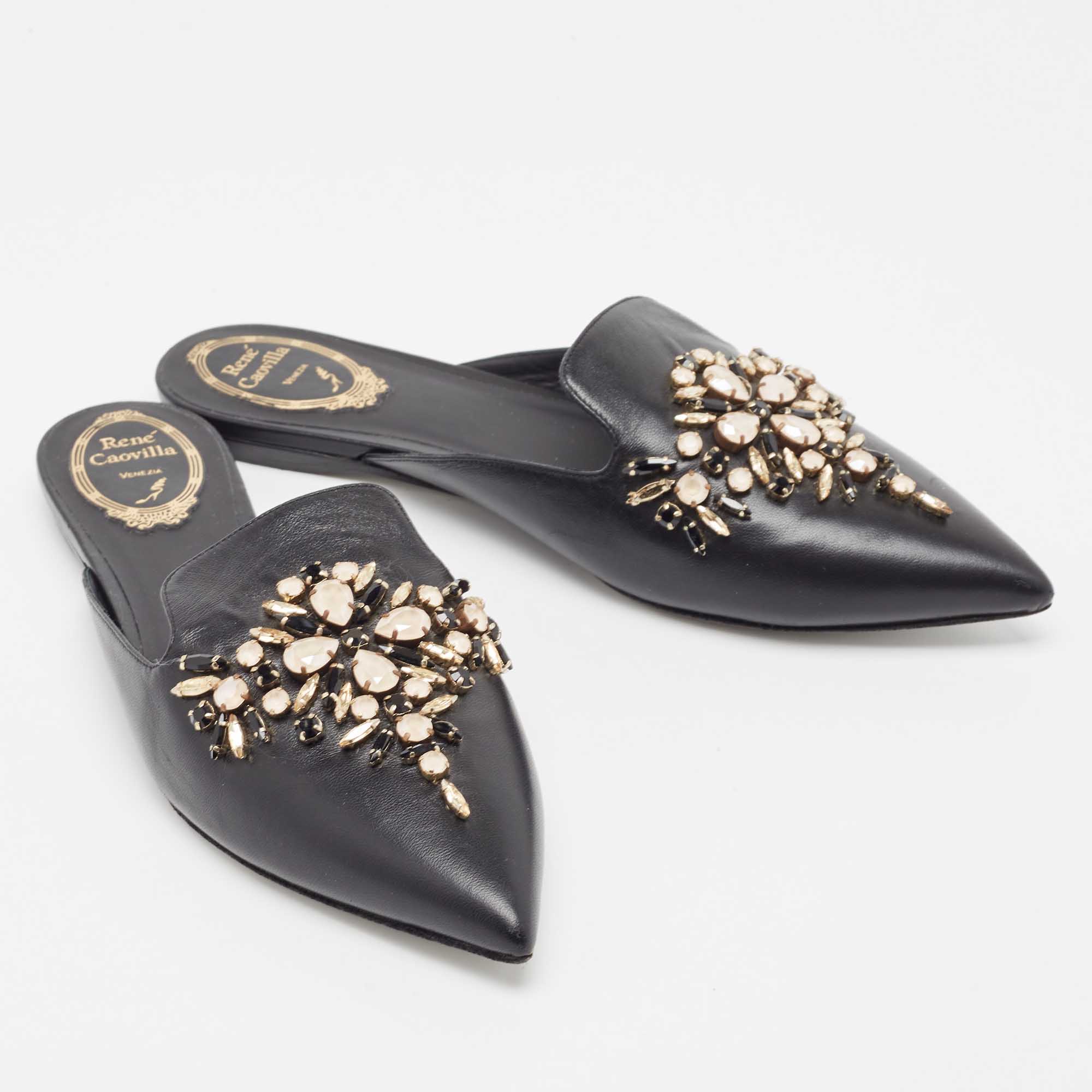 Rene Caovilla Black Leather Crystal Embellished Pointed Toe Flat Mules Size 39