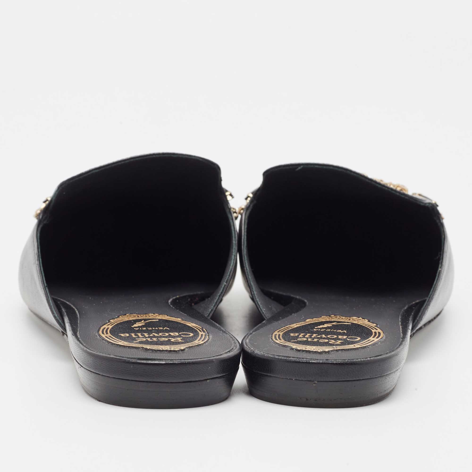 Rene Caovilla Black Leather Crystal Embellished Pointed Toe Flat Mules Size 39