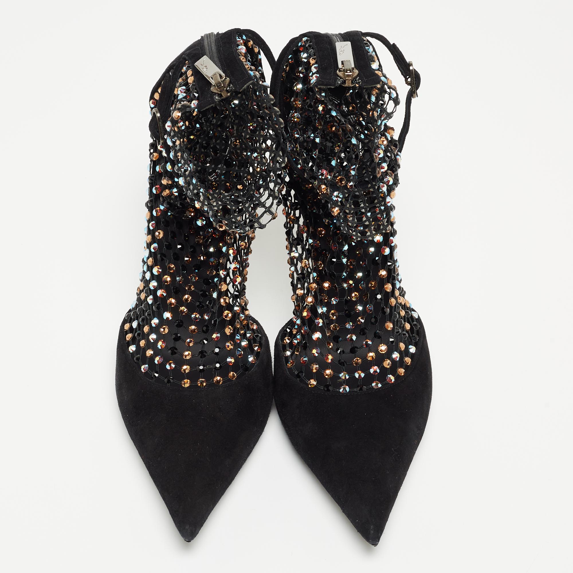 Rene Caovilla Black Suede And Mesh Crystal Embellished Galaxia Pointed Toe Ankle Strap Booties Size 39