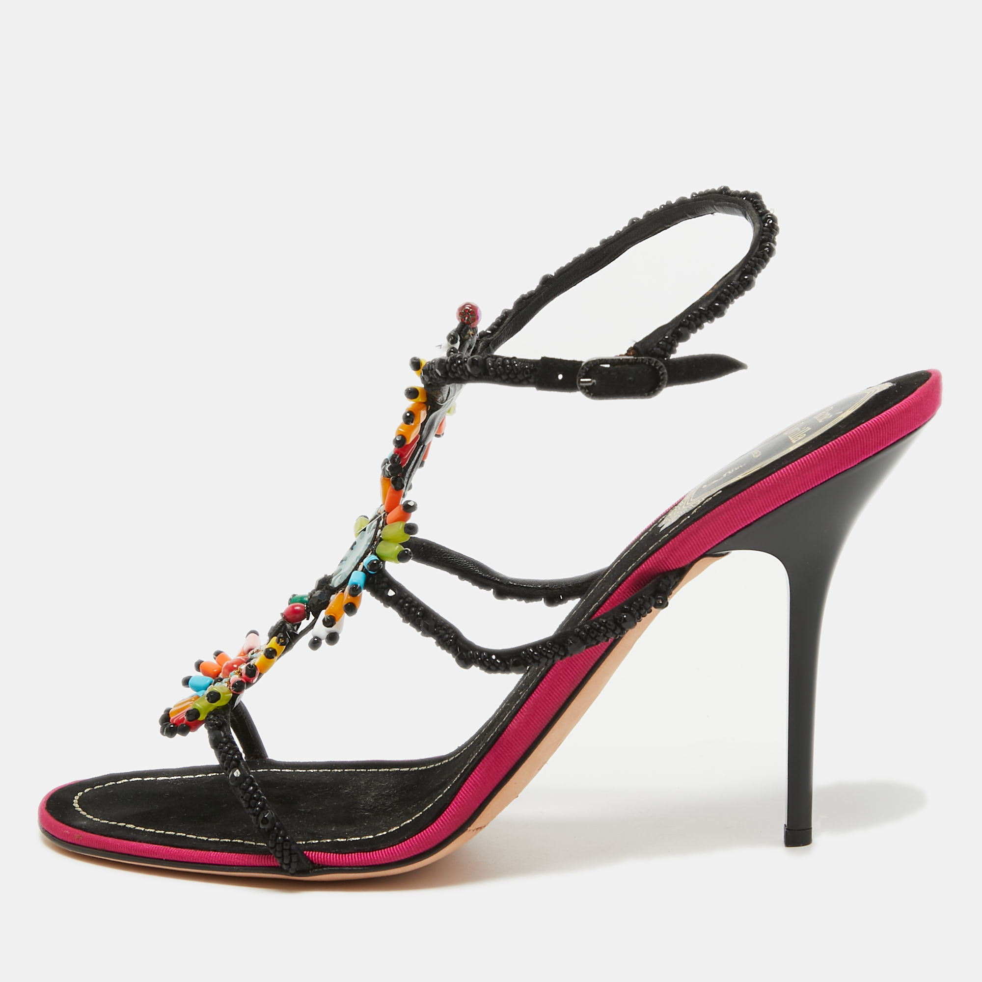 René caovilla ren&eacute; caovilla black satin embellished slingback sandals size 39