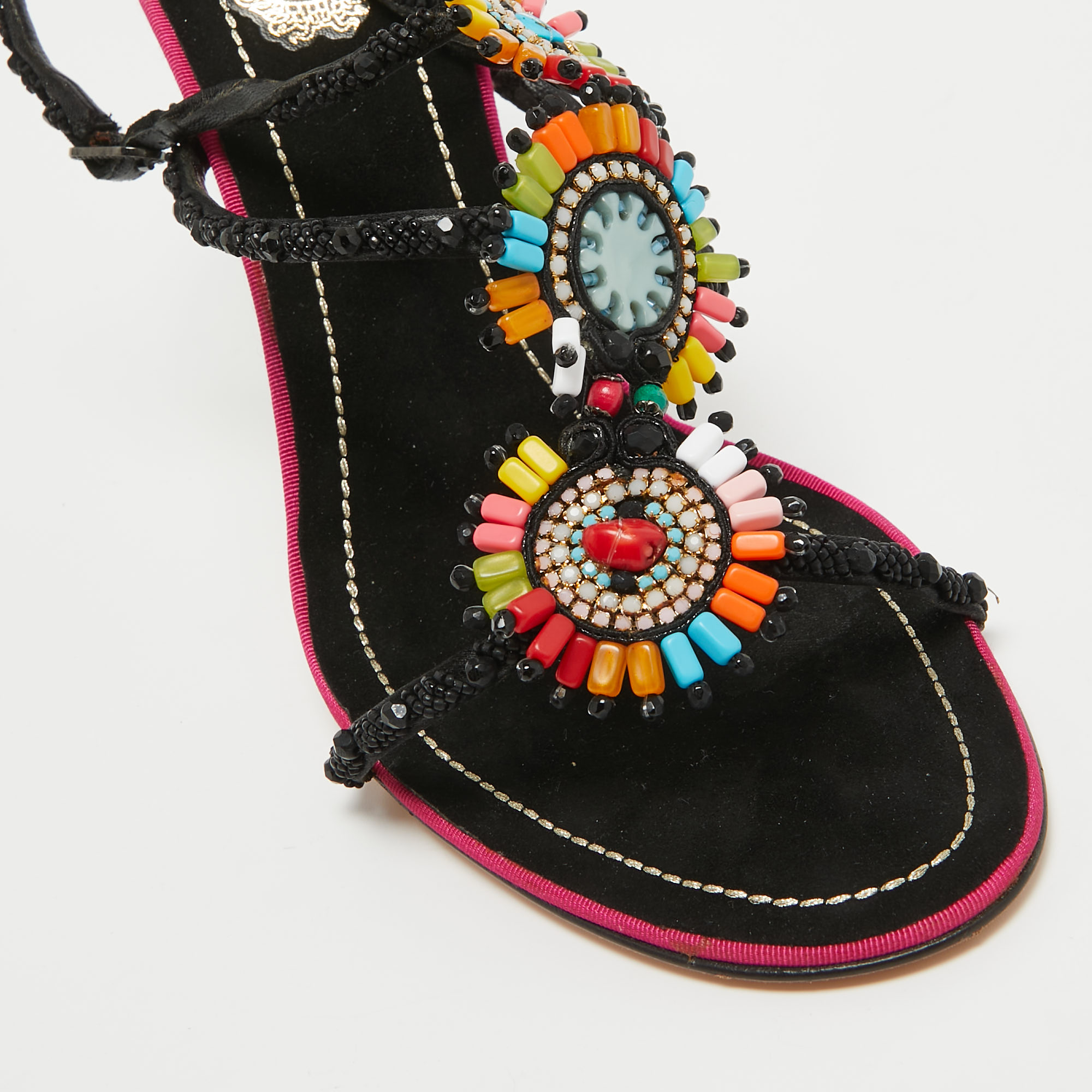 René Caovilla Black Satin Embellished Slingback Sandals Size 39