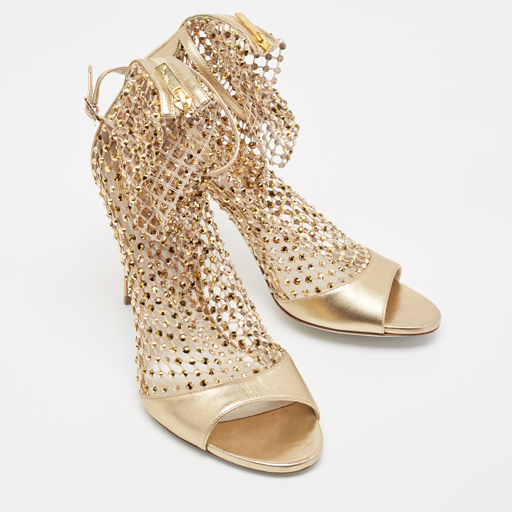 Rene Caovilla Lace And Leather Crystal Embellished Galaxia Sandals Size 40