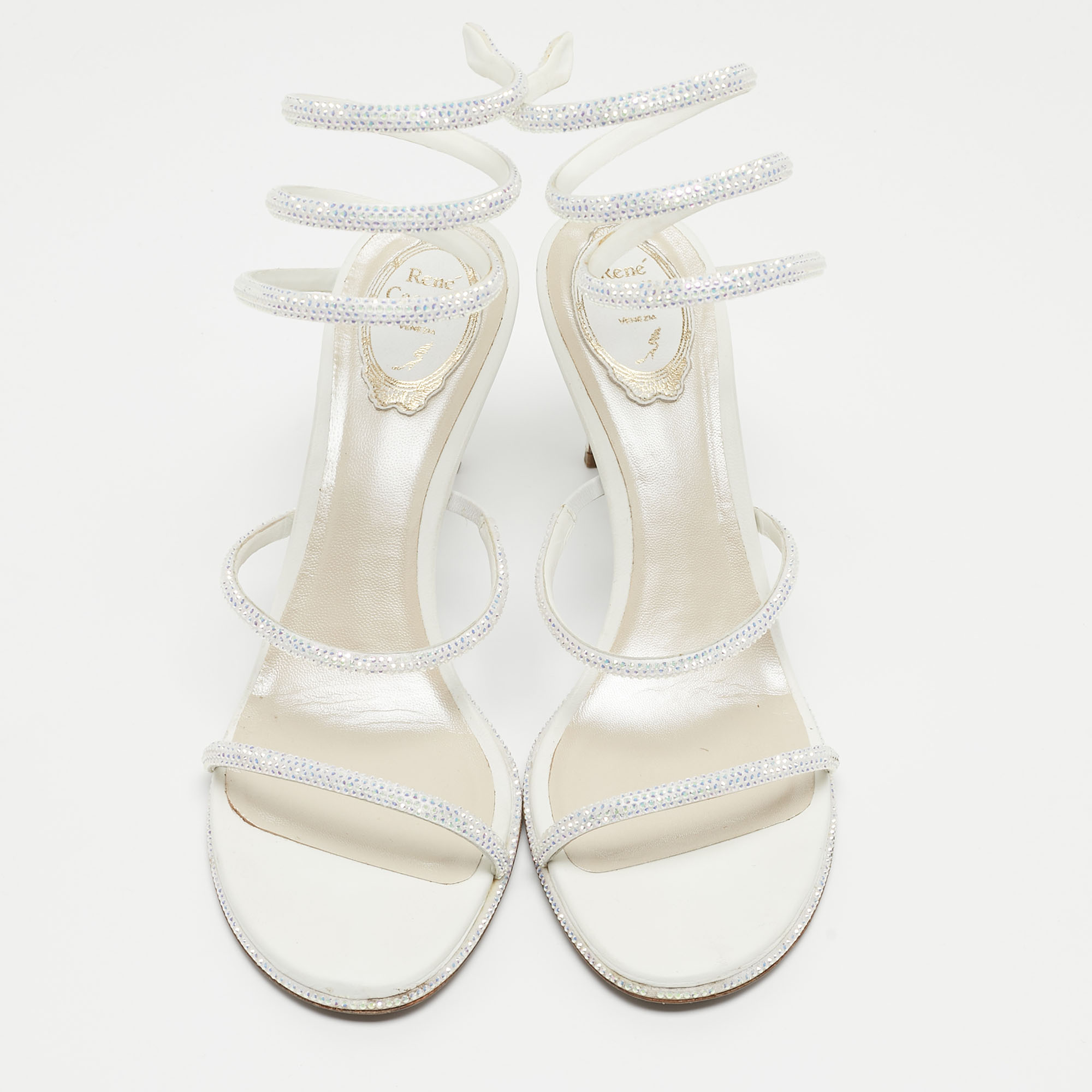 Rene Caovilla White Leather Crystal Embellished Ankle Wrap Sandals Size 41