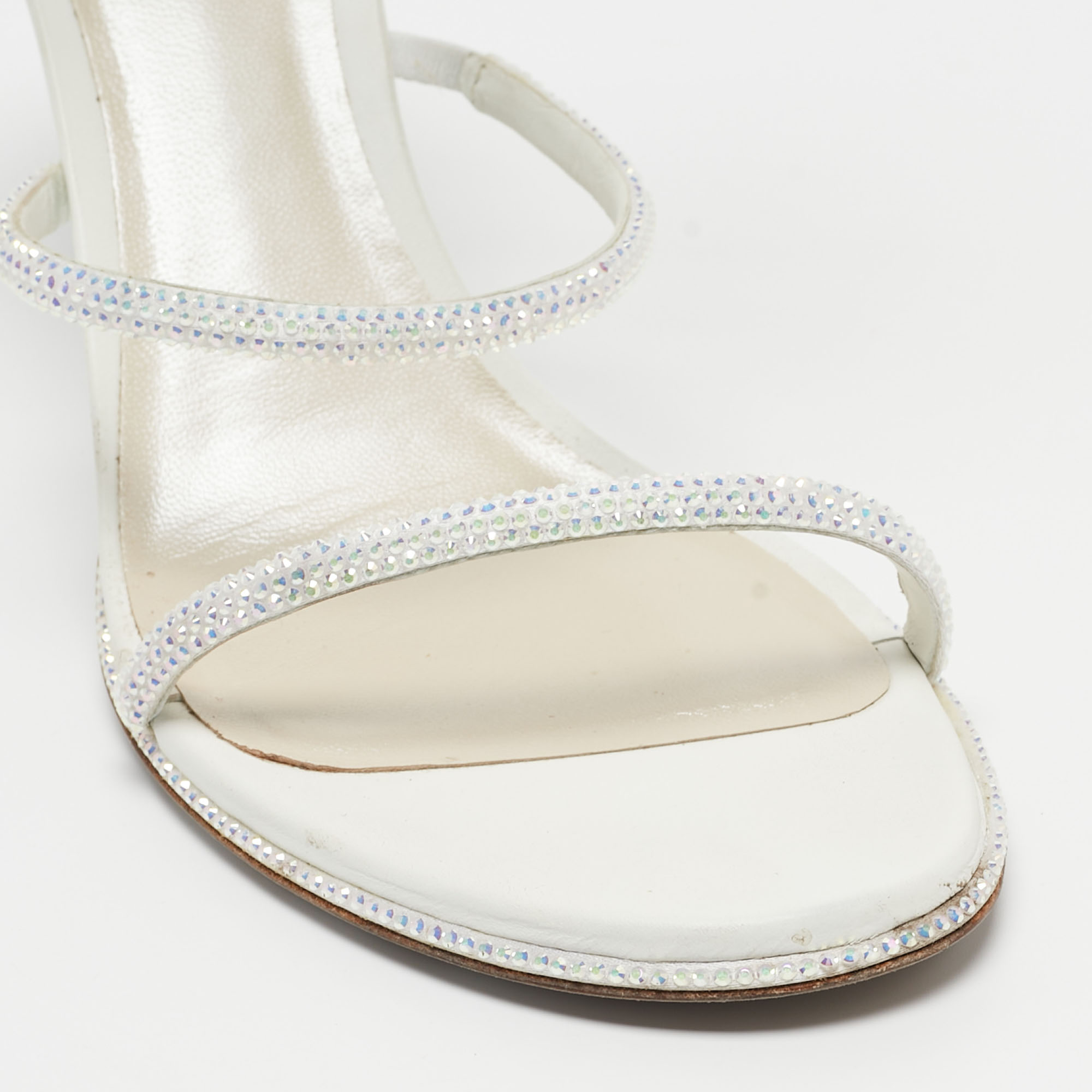 Rene Caovilla White Leather Crystal Embellished Ankle Wrap Sandals Size 41