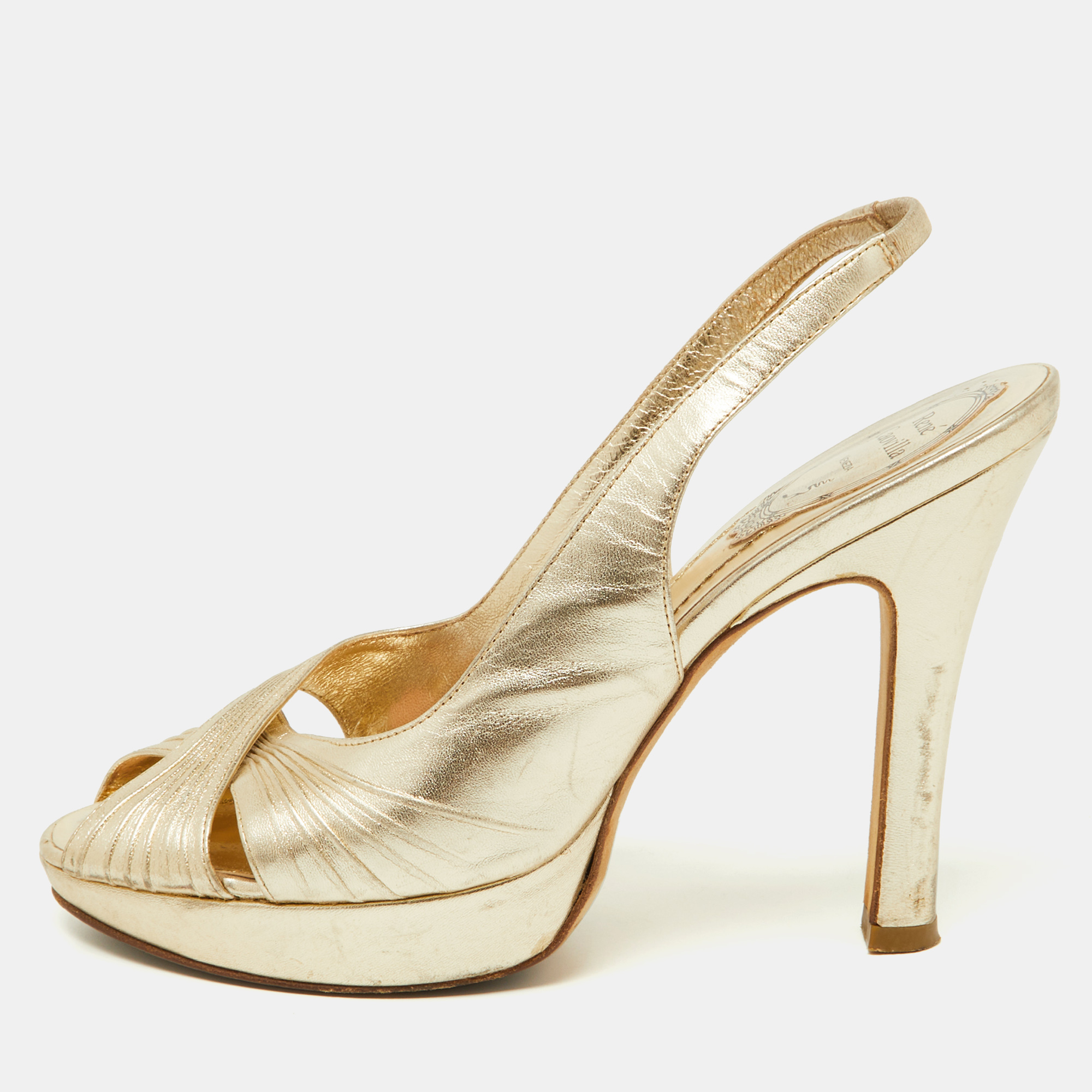 René caovilla ren&eacute; caovilla gold pleated leather cross strap slingback sandals size 39