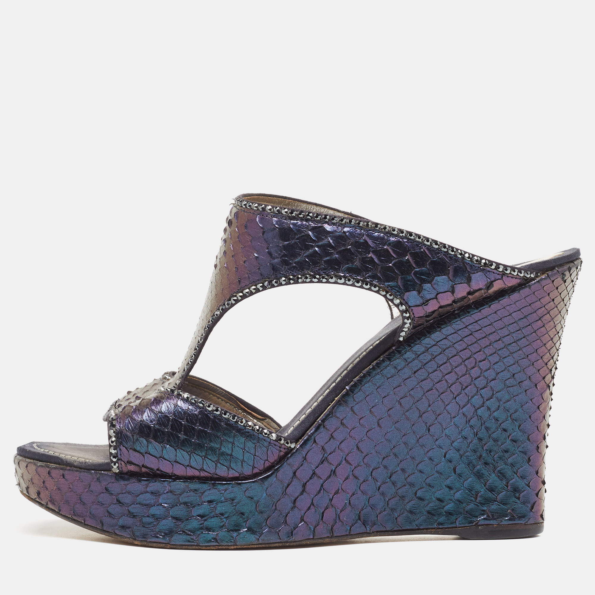 René caovilla ren&eacute; caovilla metallic python crystal embellished wedge sandals size 37