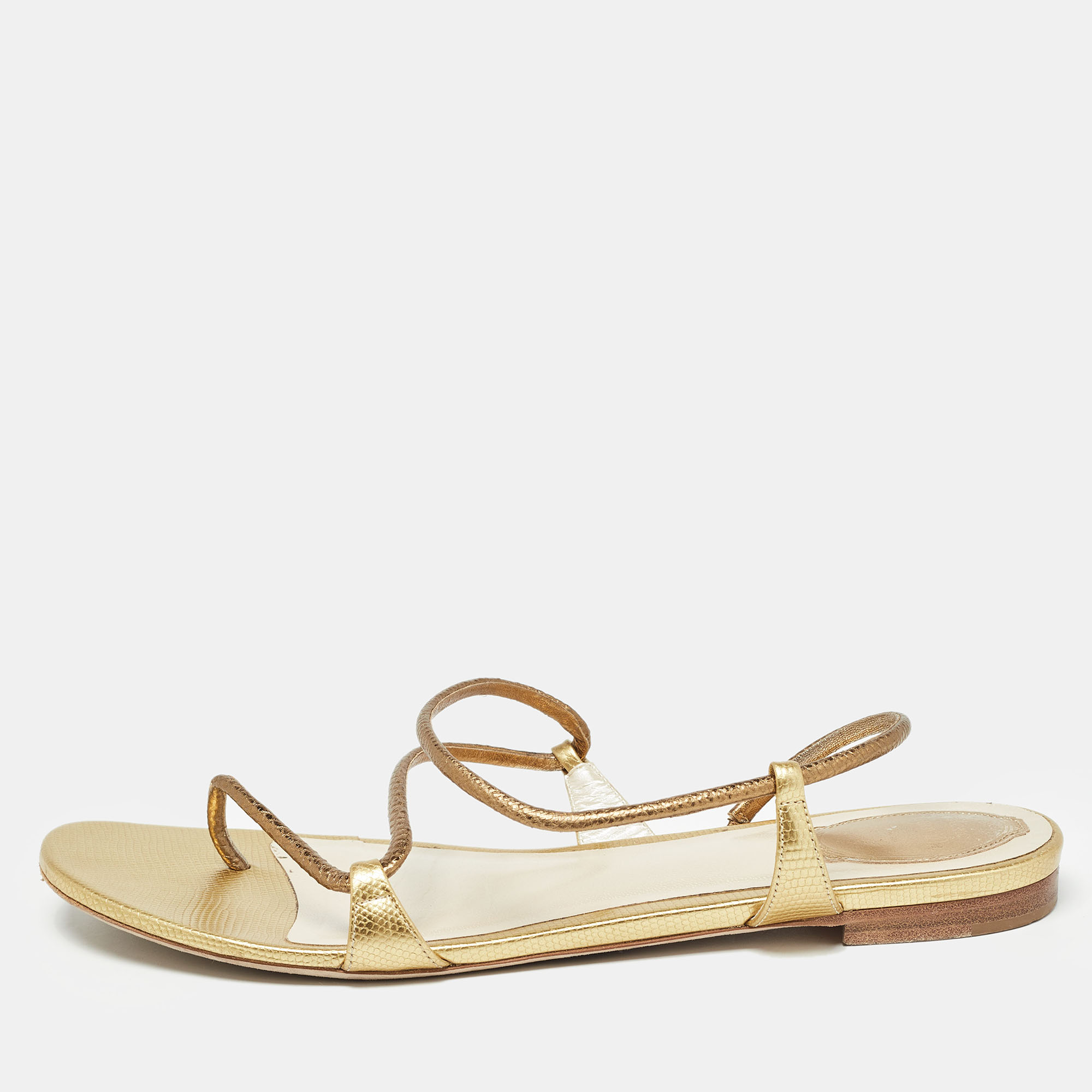 René caovilla ren&eacute; caovilla gold leather ankle wrap flat sandals size 41