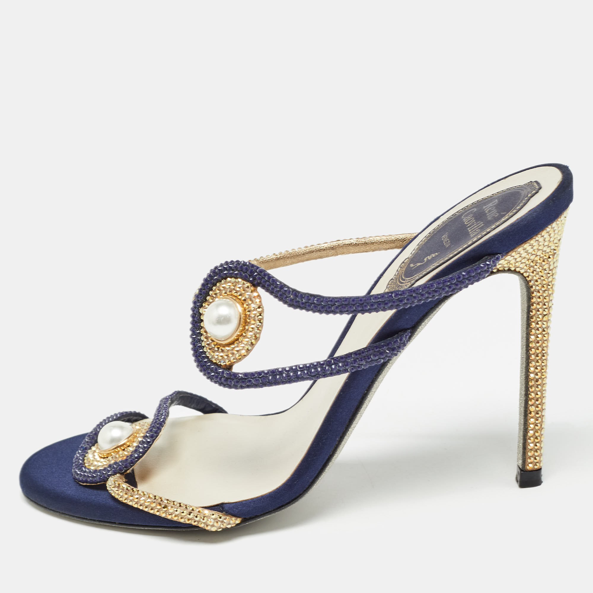 René caovilla ren&eacute; caovilla blue/gold satin crystals embellished slide sandals size 36