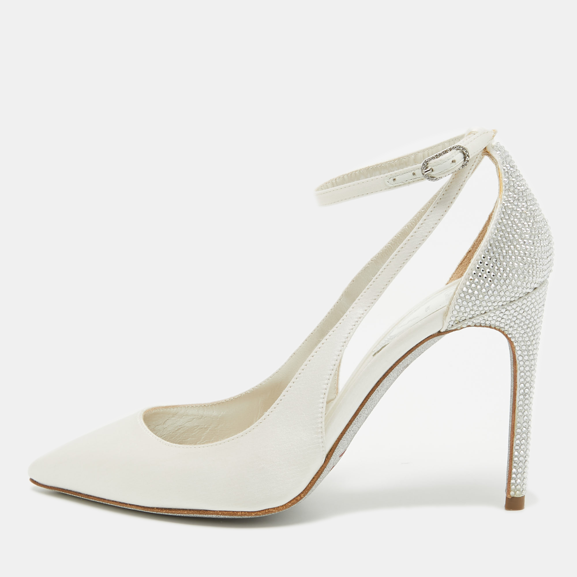 René caovilla ren&eacute; caovilla white satin crystal embellished slingback ankle strap pumps size 34.5