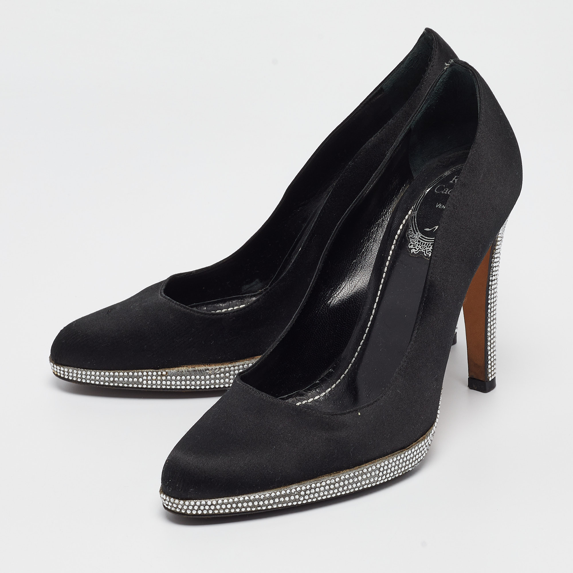 René Caovilla Black Satin Crystal Embellished Platform Pumps Size 37