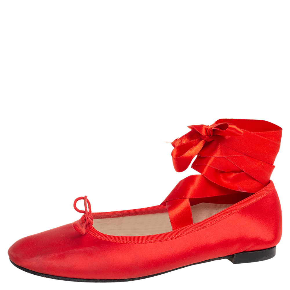 Repetto Red Satin Anna Bow Ballerina Ankle Wrap Flats Size 38