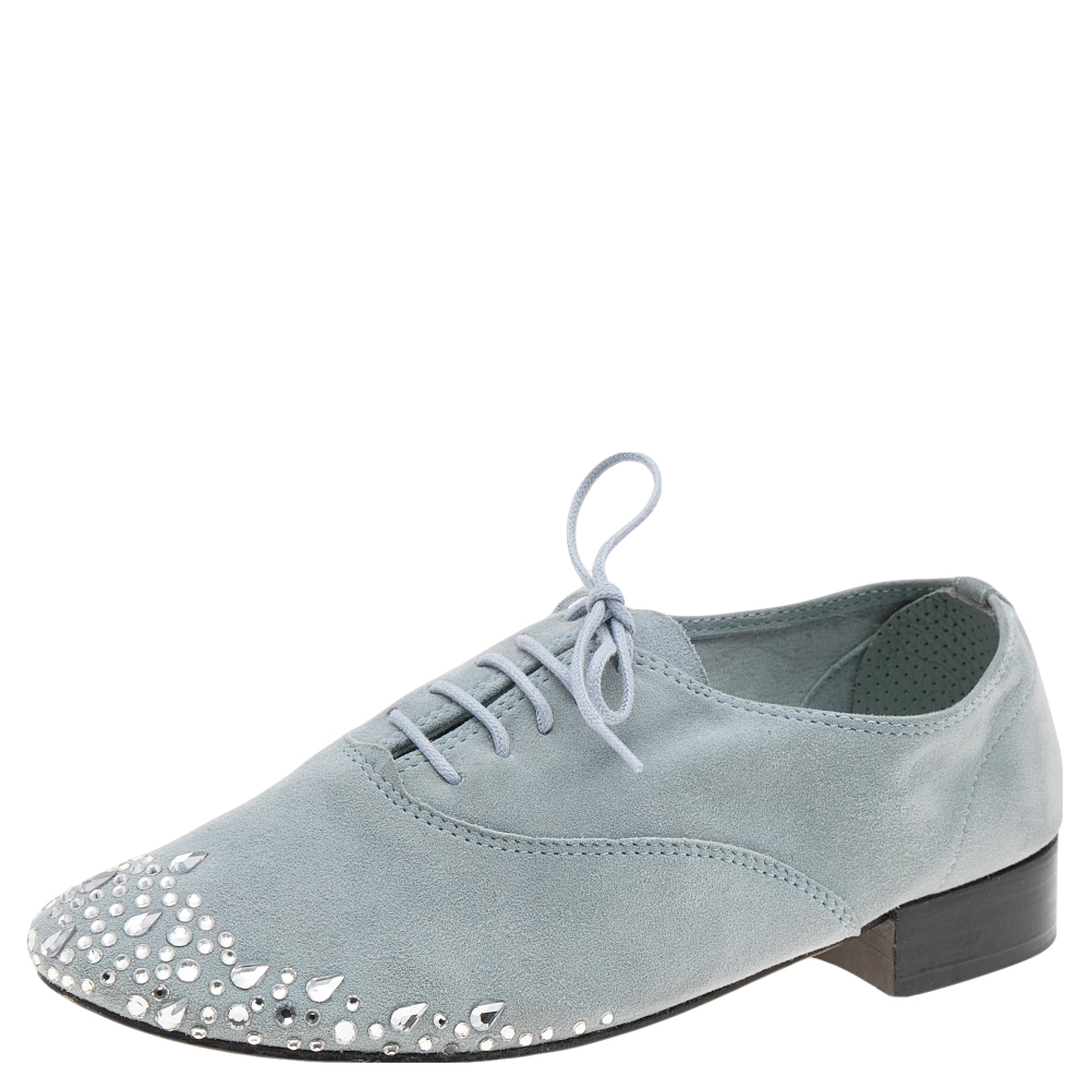 Repetto Blue Suede Crystal Embellished Oxfords Size 36