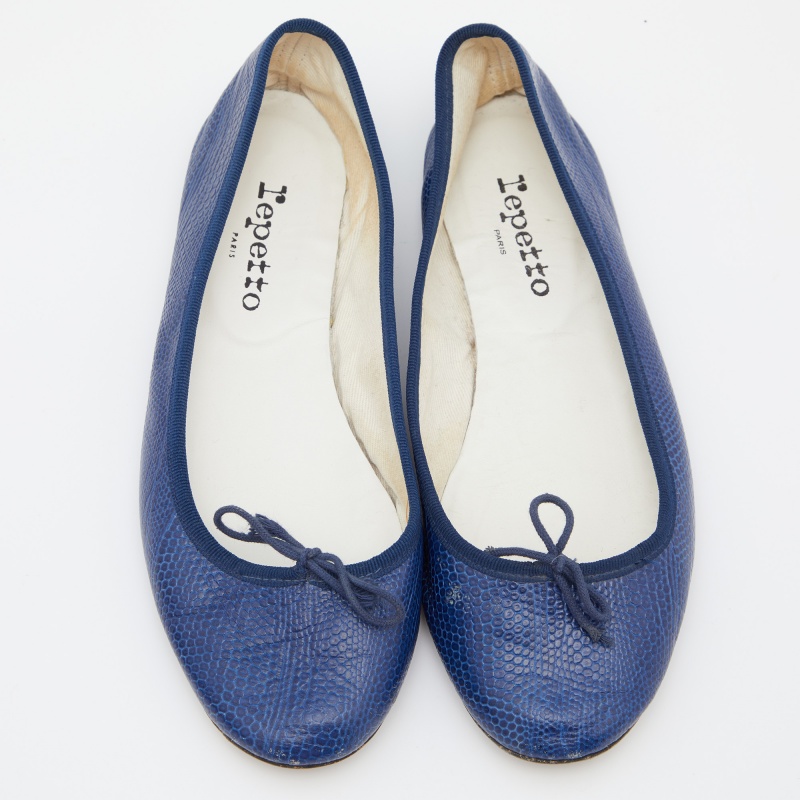 Repetto Blue Croc Embossed Leather Bow Ballet Flats Size 40