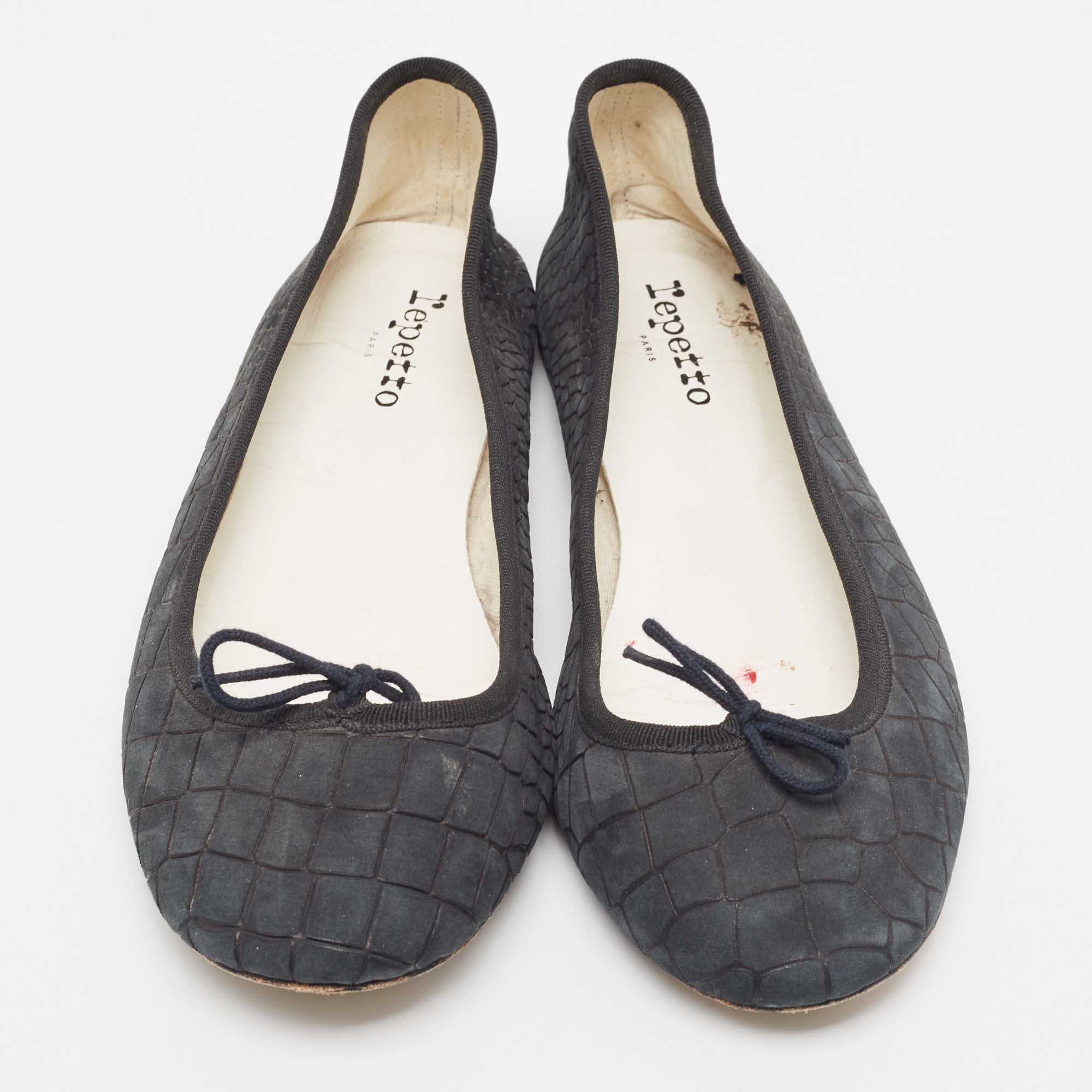 Repetto Black Croc Embossed Leather Bow Ballet Flats Size 42