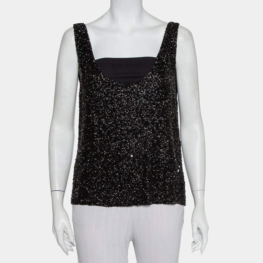 Retrofete black sequin & bead embellished synthetic tank top l