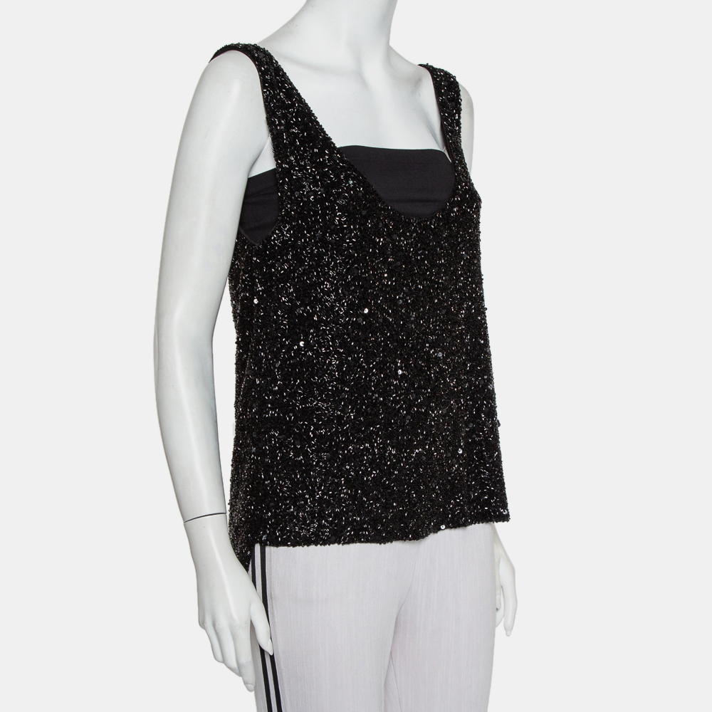 Retrofete Black Sequin & Bead Embellished Synthetic Tank Top L