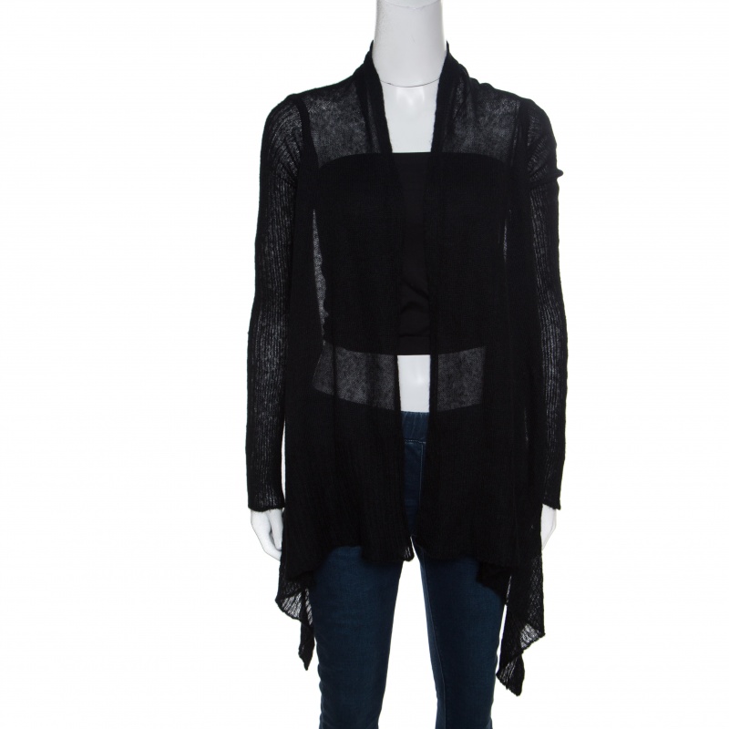 Image of Rick Owens Black Alpaca Wool Open Front Water Fall Cardigan S