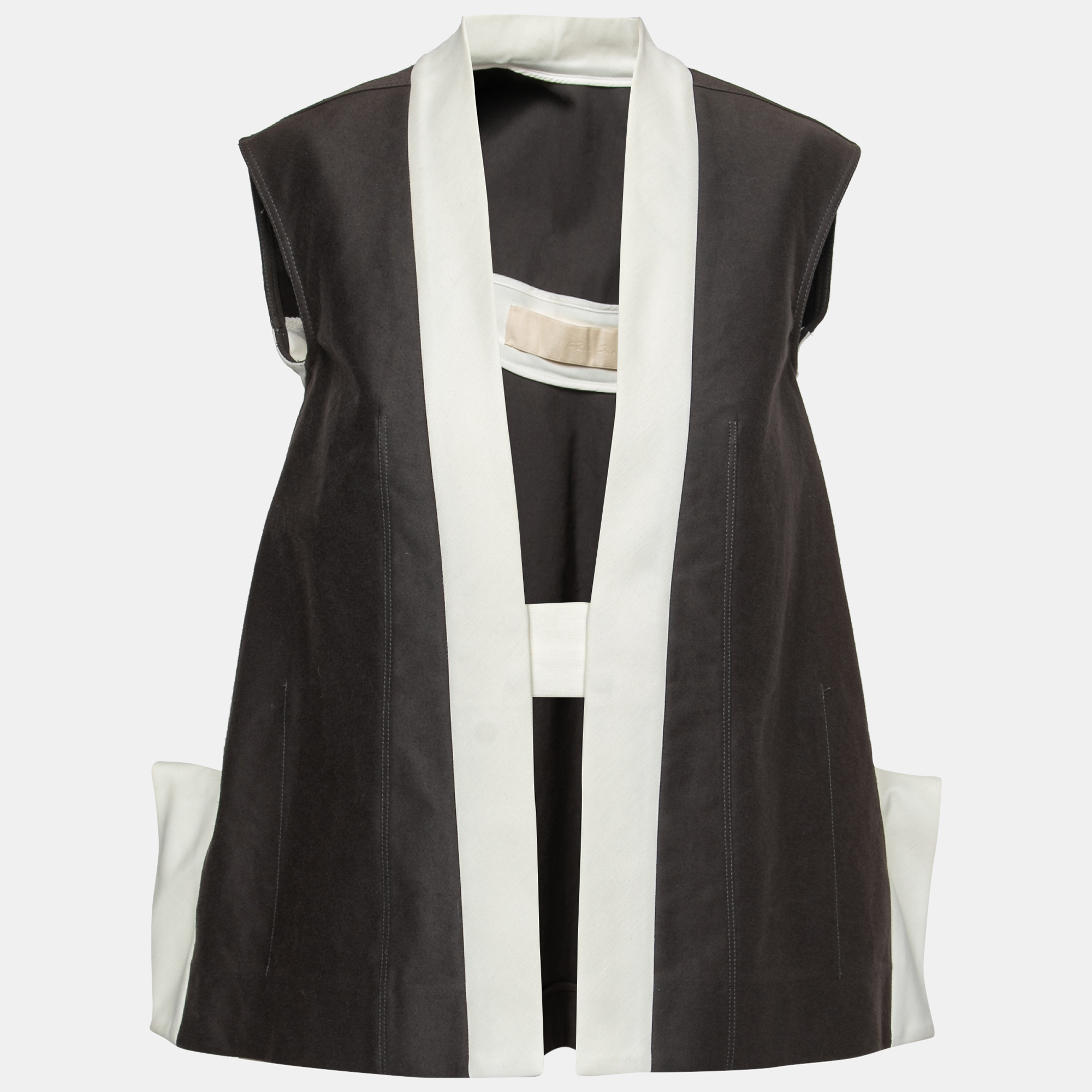 Rick owens darkdust brown cotton asymmetric hem contrast trim sleeveless jacket s