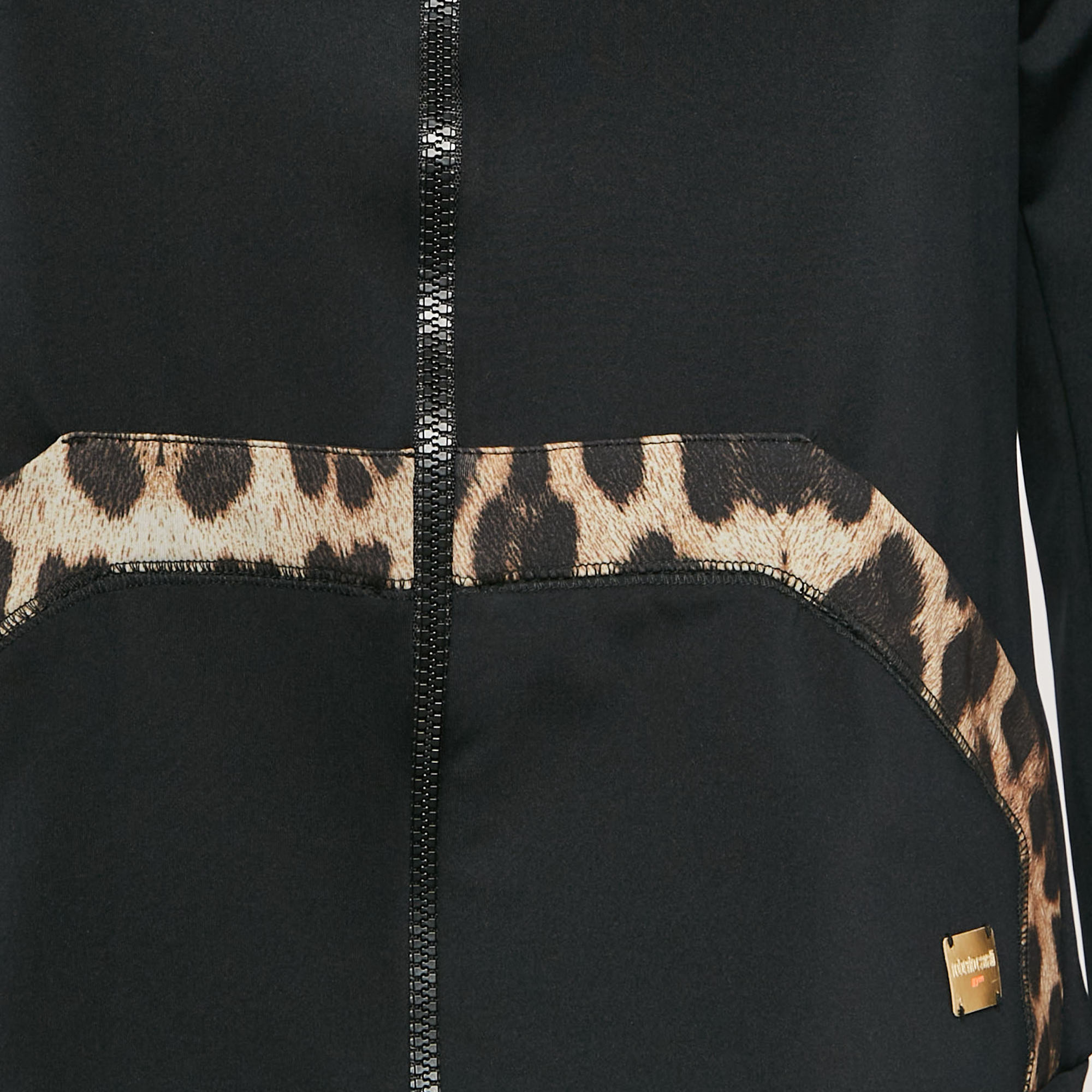 Roberto Cavalli Gym Black Jersey Animal Print Trim Hooded Jacket M