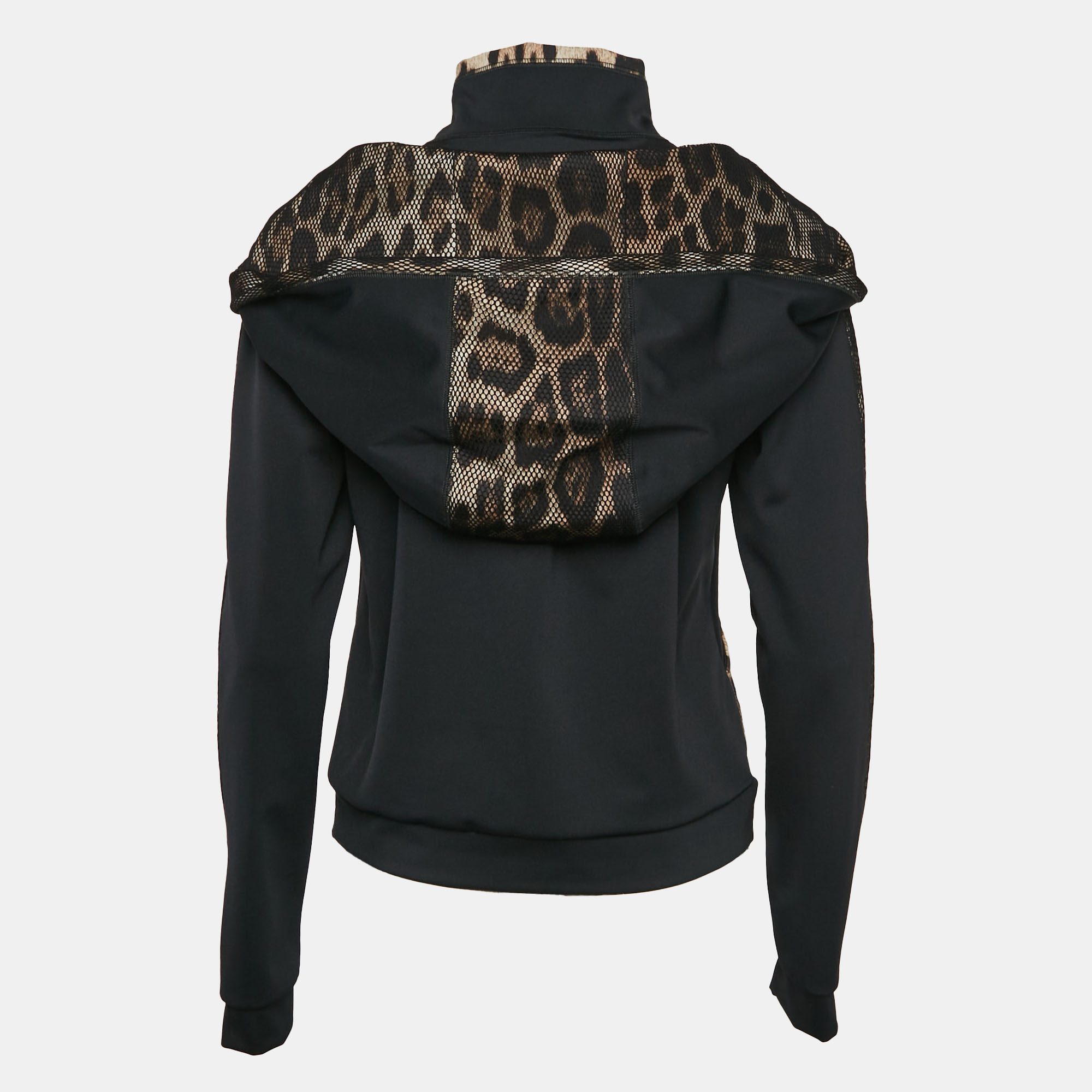 Roberto Cavalli Gym Black Jersey Animal Print Trim Hooded Jacket M