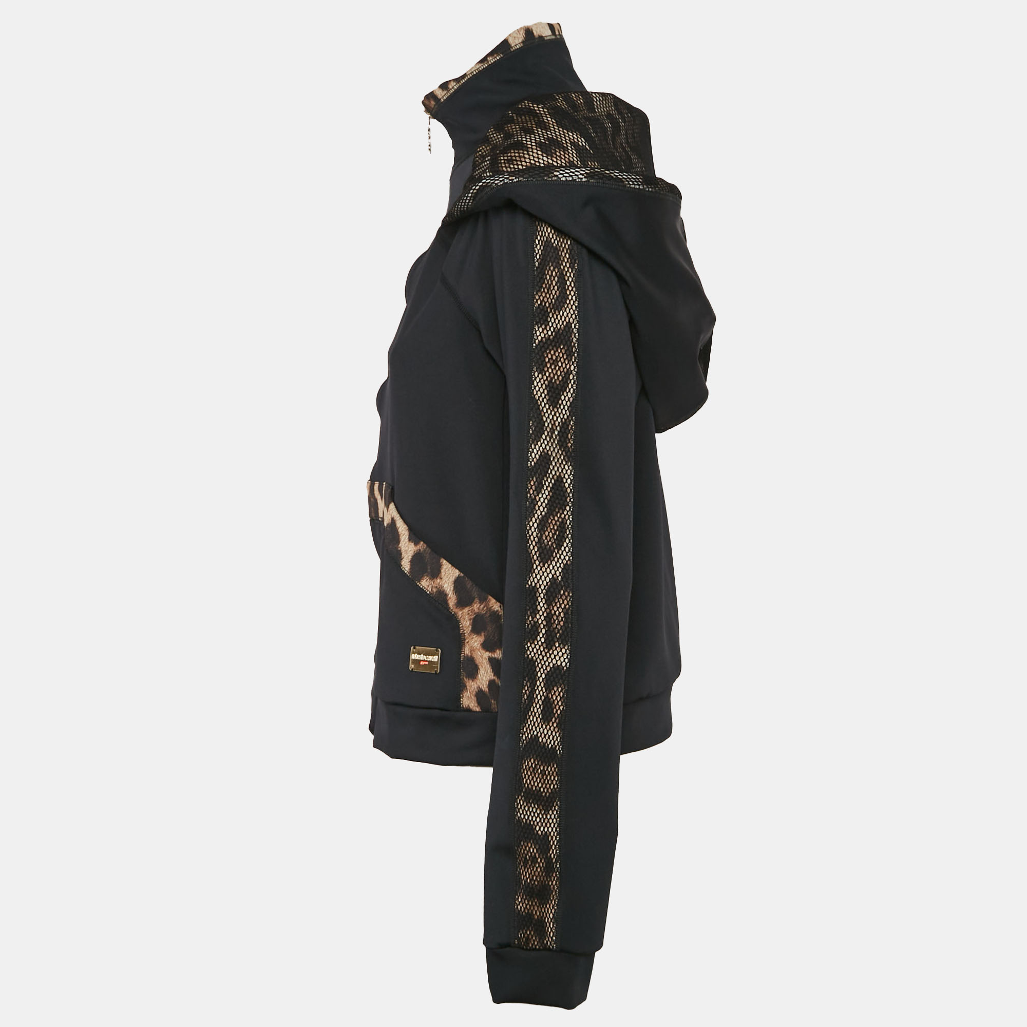 Roberto Cavalli Gym Black Jersey Animal Print Trim Hooded Jacket M