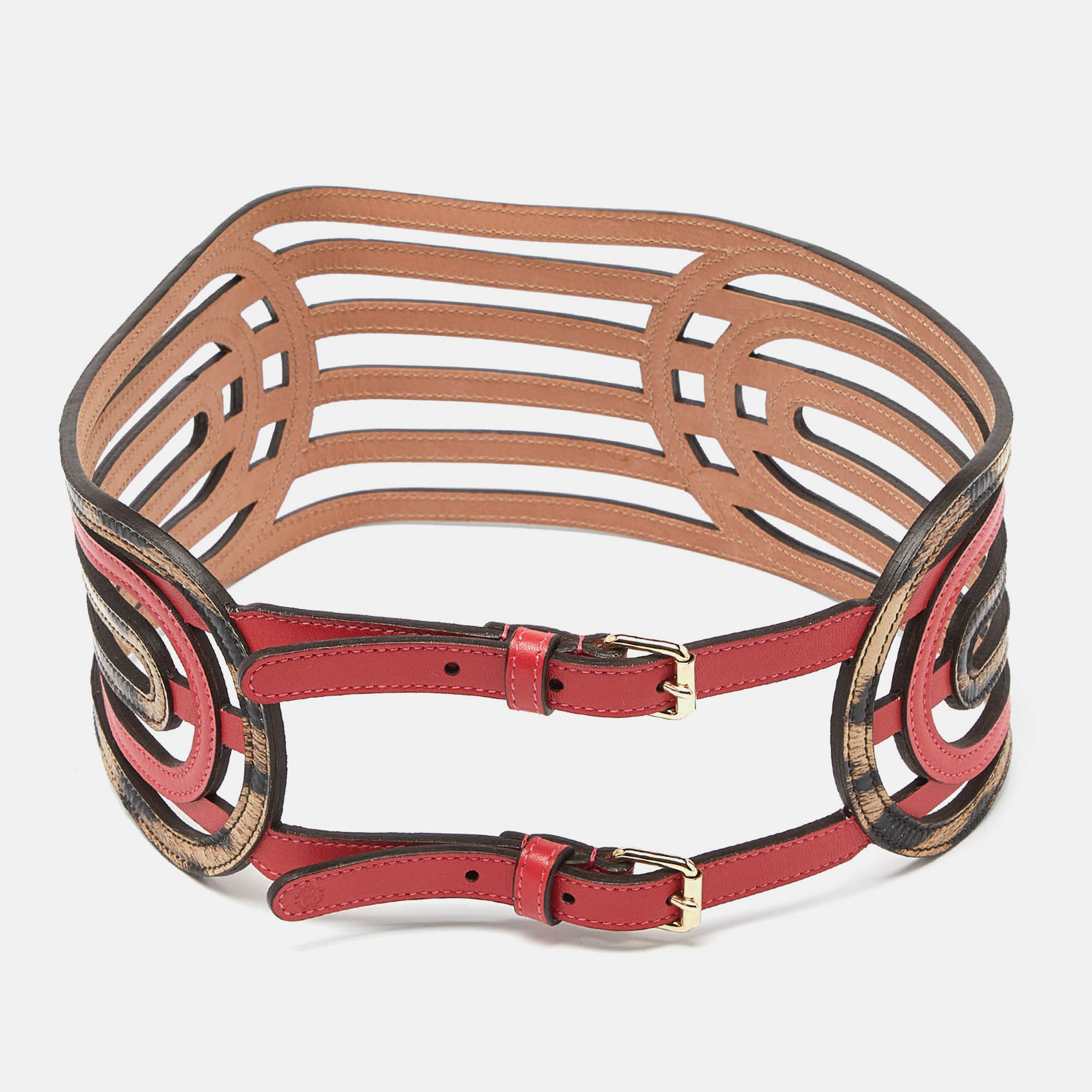 Roberto cavalli pink/beige leopard print leather strappy wide belt 75cm