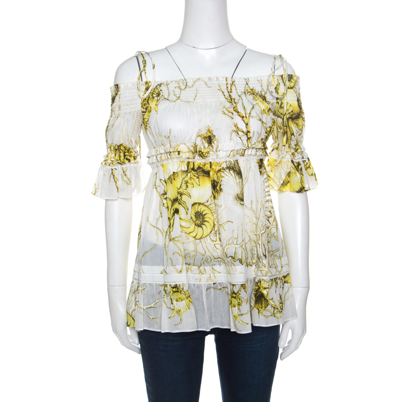Roberto cavalli white and yellow floral printed cotton off shoulder blouse m