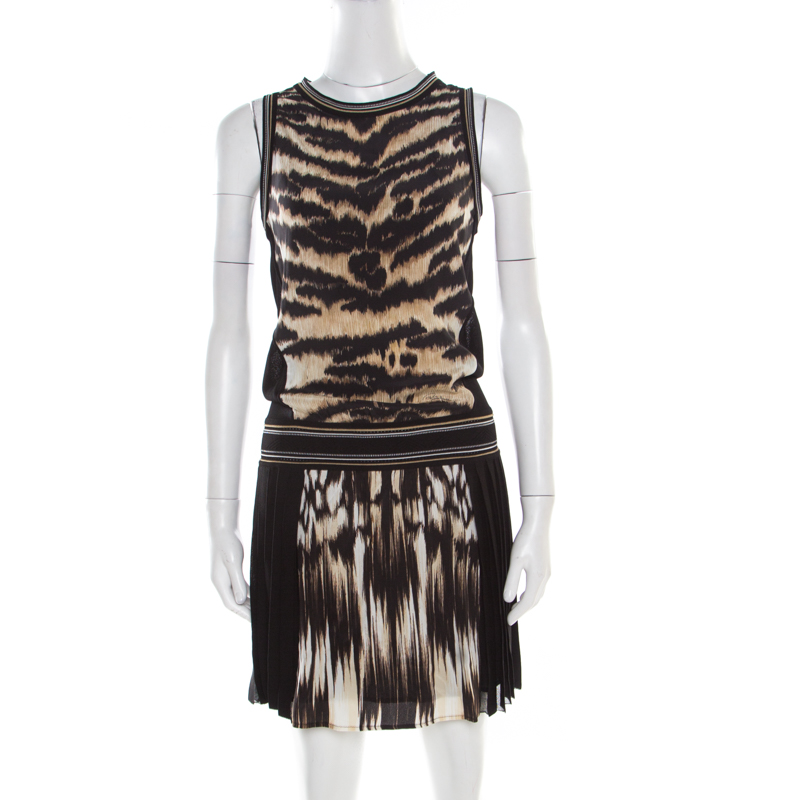 Roberto cavalli black and brown animal printed silk pleated sleeveless dress s