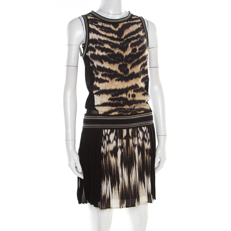 Roberto Cavalli Black And Brown Animal Printed Silk Pleated Sleeveless Dress S