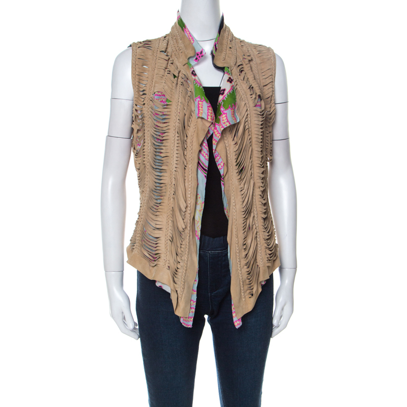 Roberto cavalli multicolor printed silk and beige suede overlay sleeveless vest m