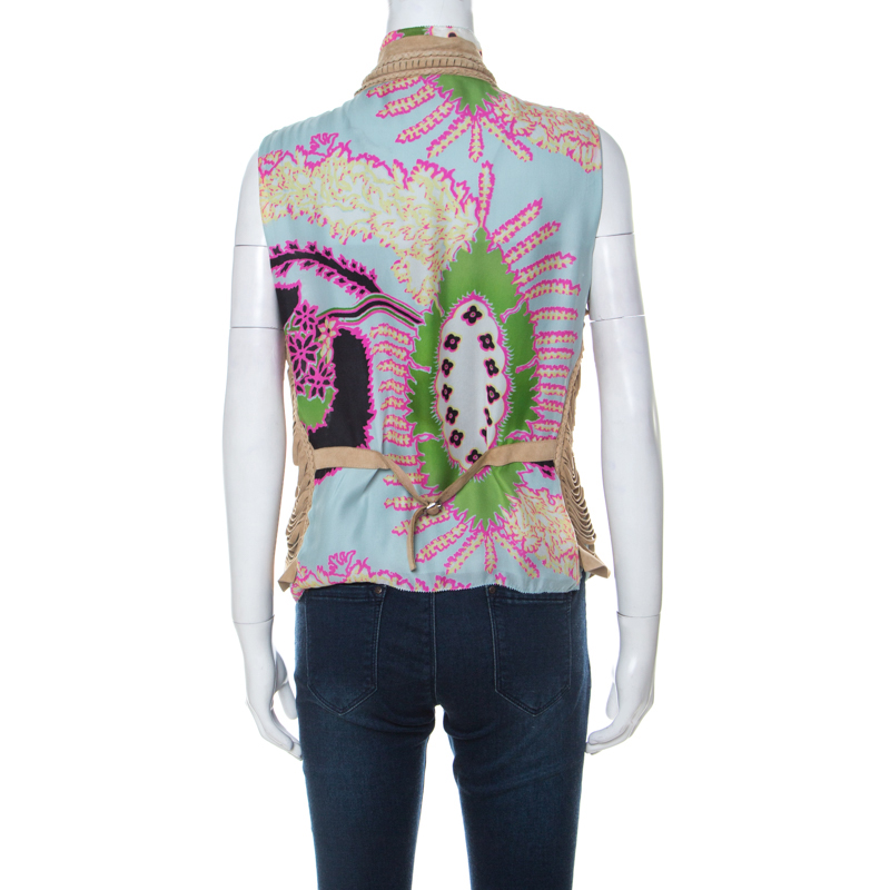 Roberto Cavalli Multicolor Printed Silk And Beige Suede Overlay Sleeveless Vest M