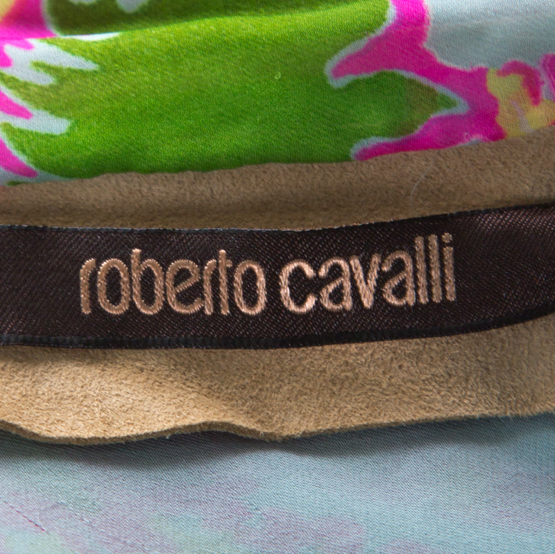 Roberto Cavalli Multicolor Printed Silk And Beige Suede Overlay Sleeveless Vest M