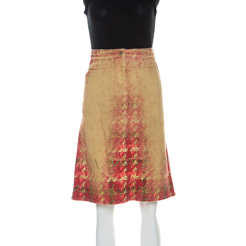 Roberto Cavalli Multicolor Faded Houndstooth Print Denim Skirt S