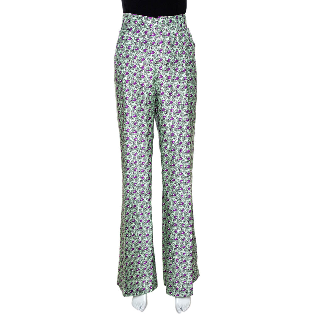 Image of Roberto Cavalli Pastel Green Floral Printed Silk Wide Leg Trousers L