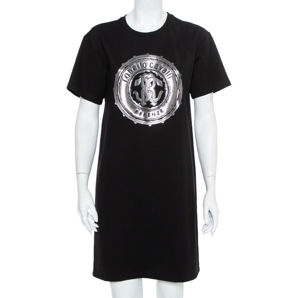 Roberto Cavalli Black Logo Printed Knit T-Shirt Dress M