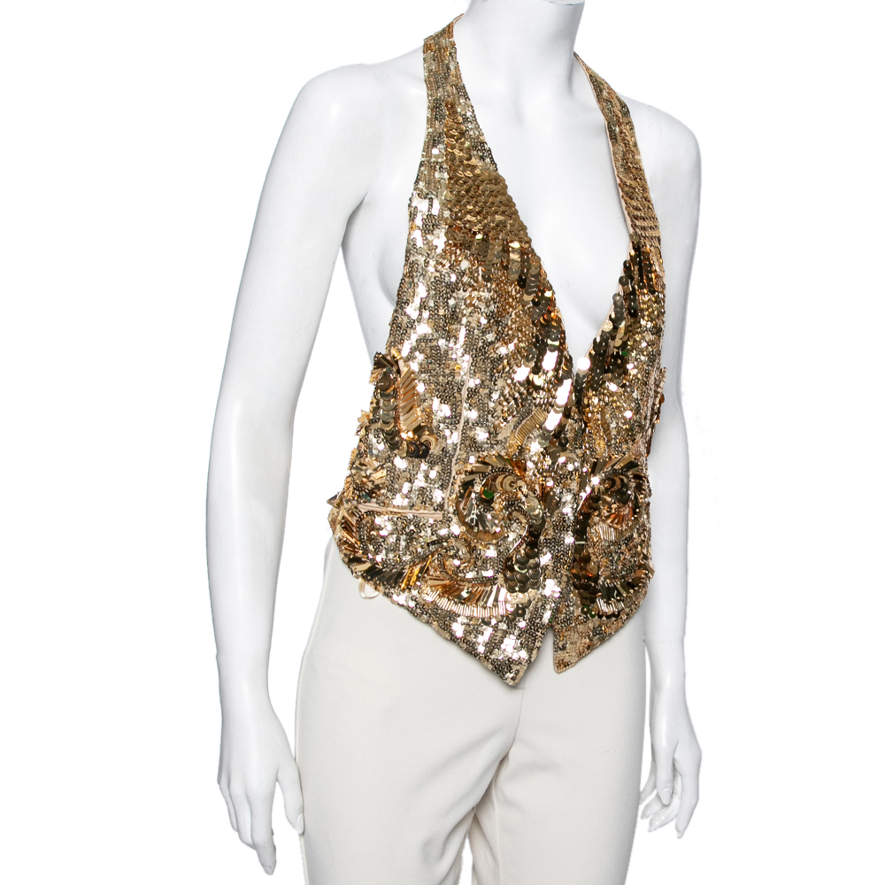 

Roberto Cavalli Gold Patterned Sequin Embellished Silk Halter Neck Vest