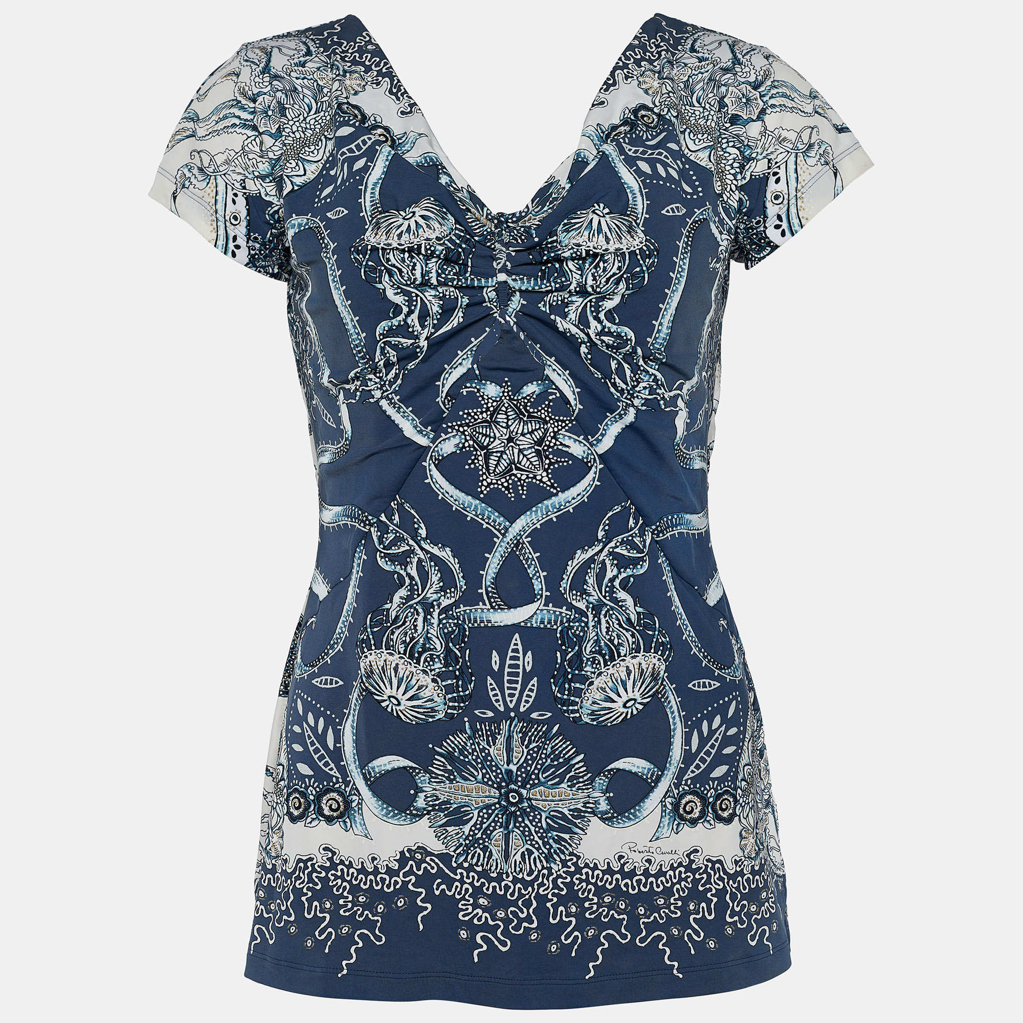 Roberto cavalli navy blue printed synthetic top l