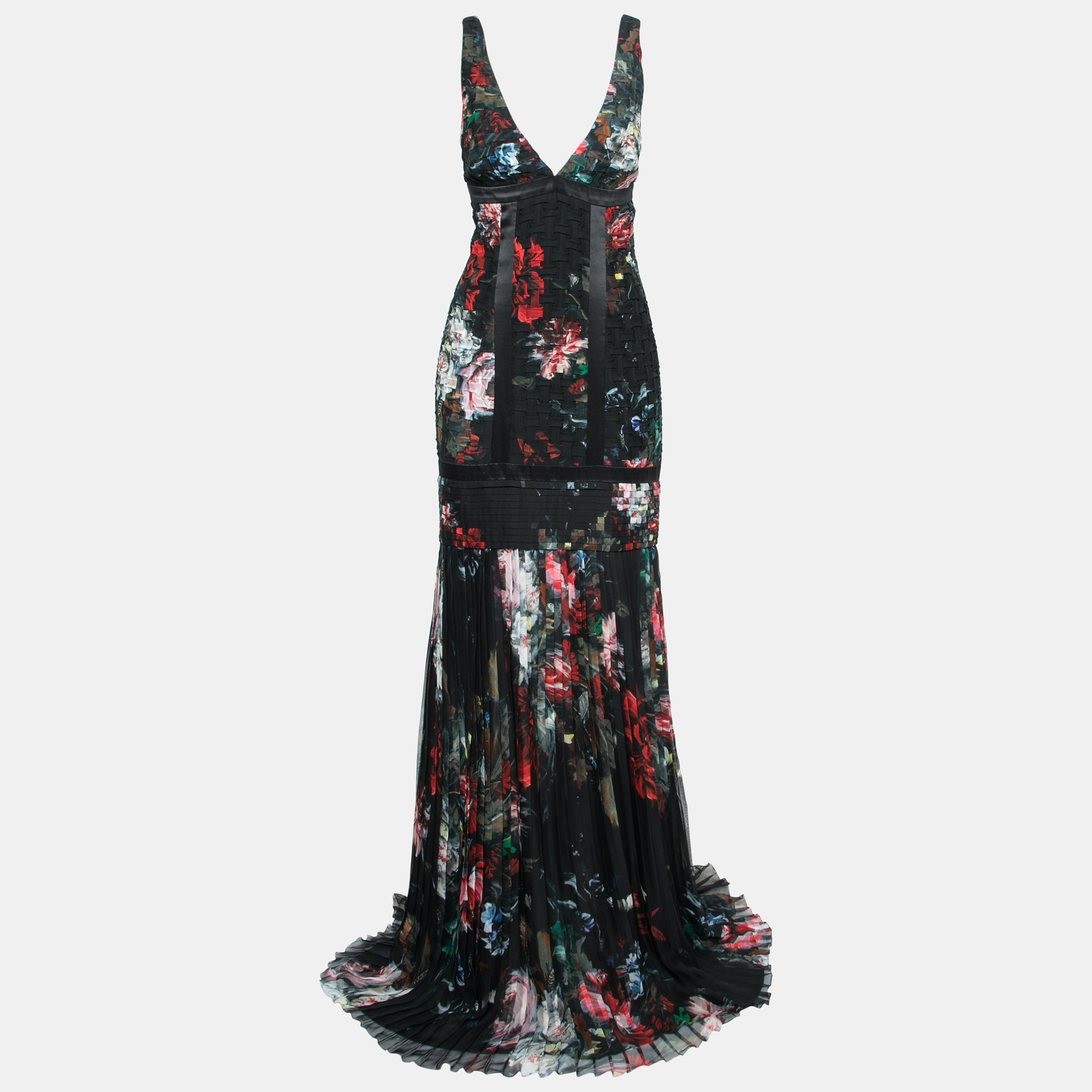 Black Floral Print Patterned Silk Pleated Maxi Dress